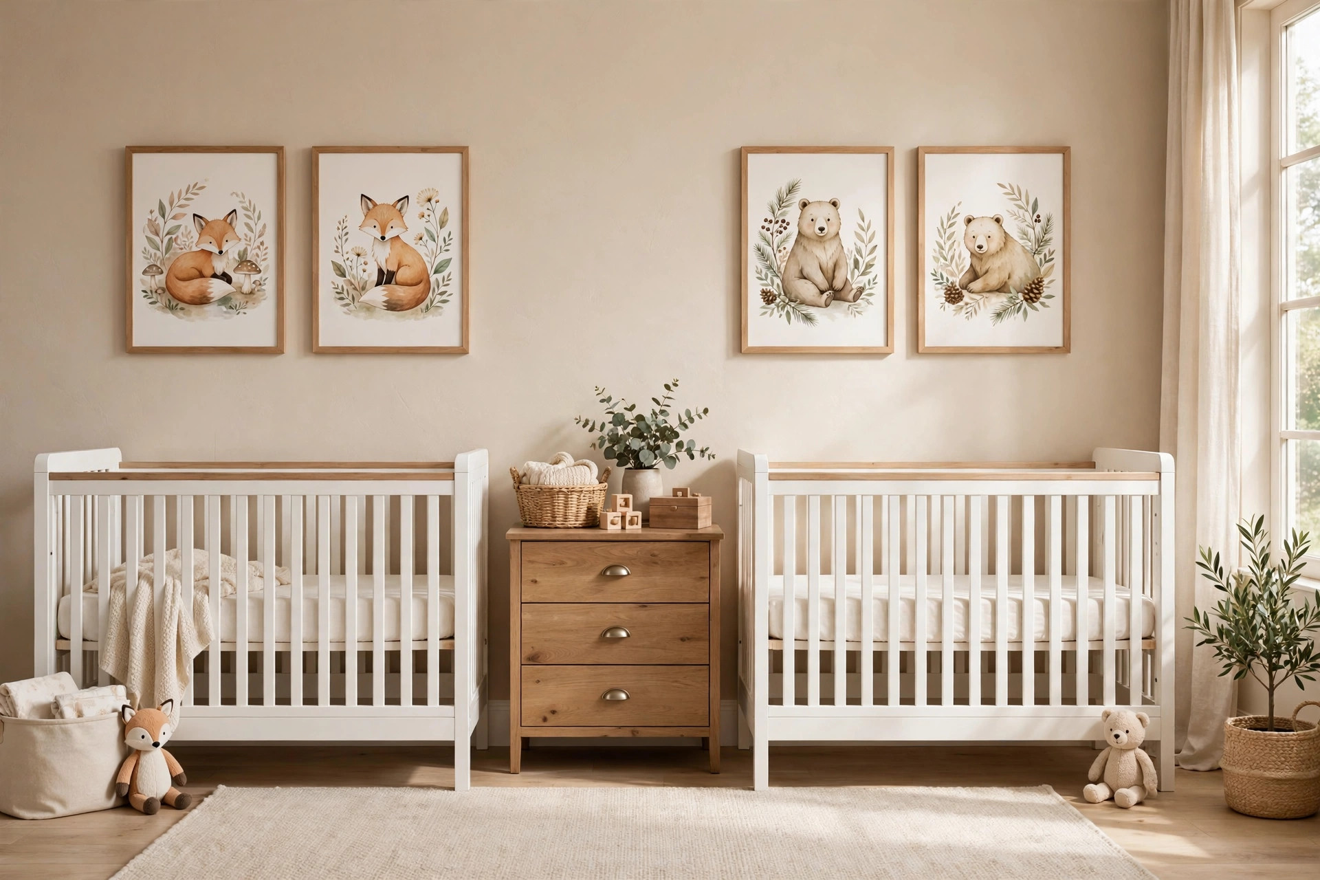 nursery wall art for twin babies room: Soft nursery wall art above two cribs in a twin babies room