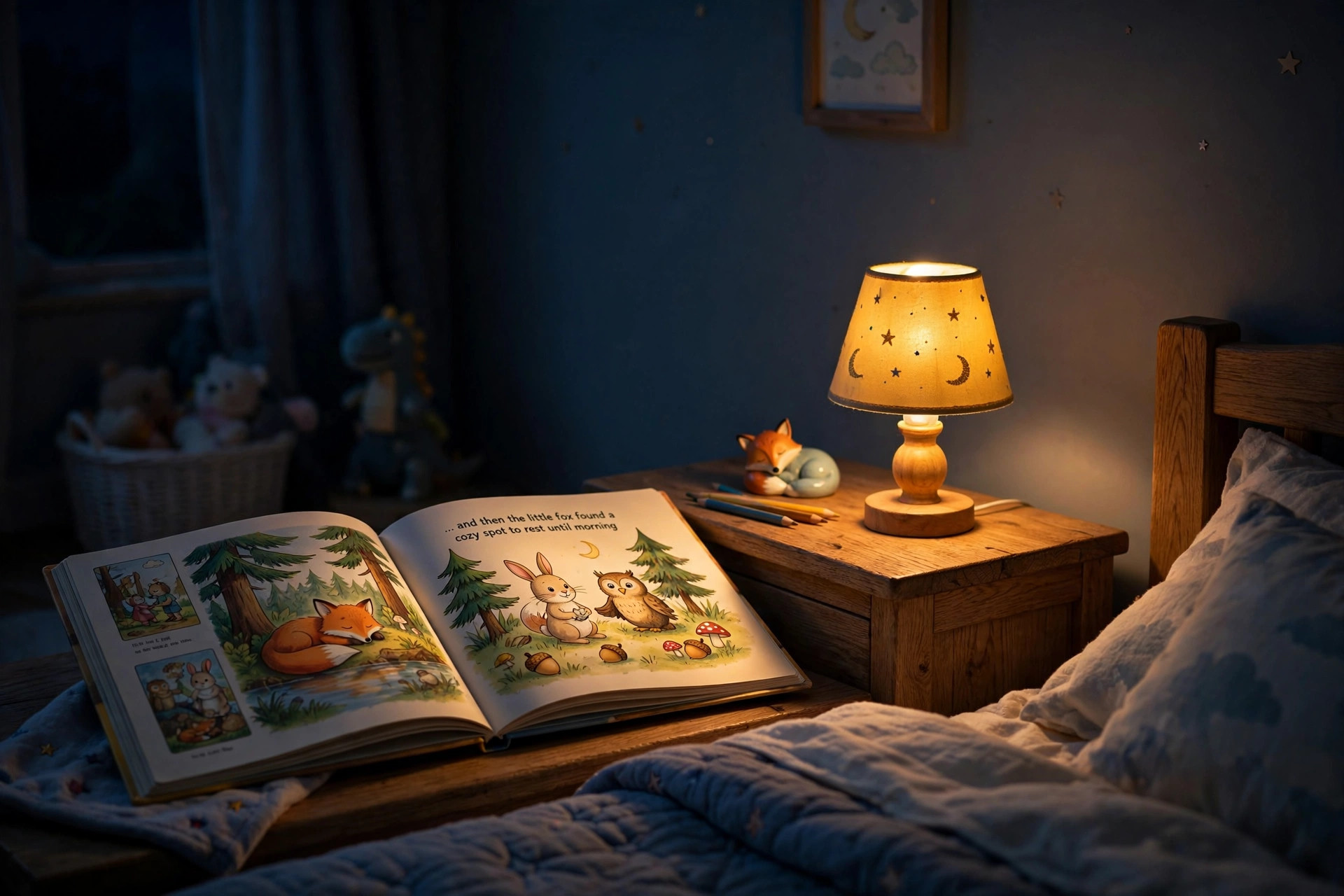 Kids bedroom lamp for reading in bed on a small nightstand