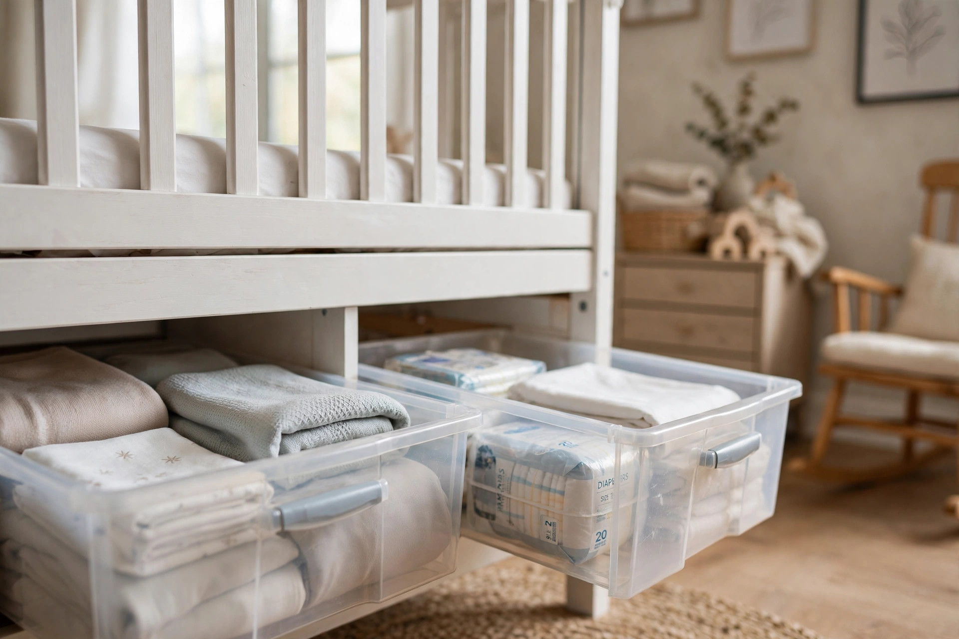 Under-crib storage drawers in a nursery holding nursery storage drawers under crib space