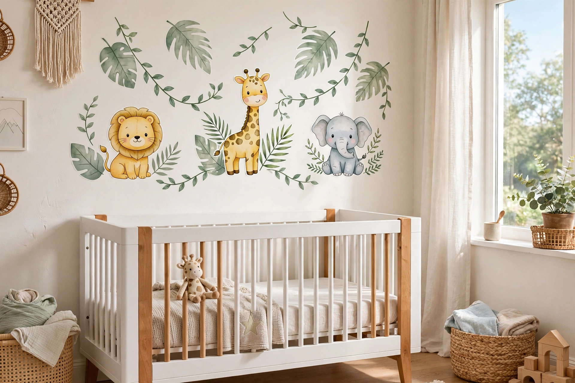 Nursery wall stickers for baby boy jungle theme on a bedroom wall