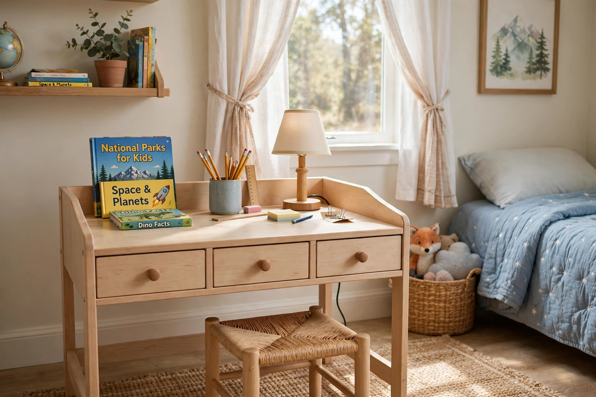 A kids desk with drawers for bedroom study in a tidy bedroom