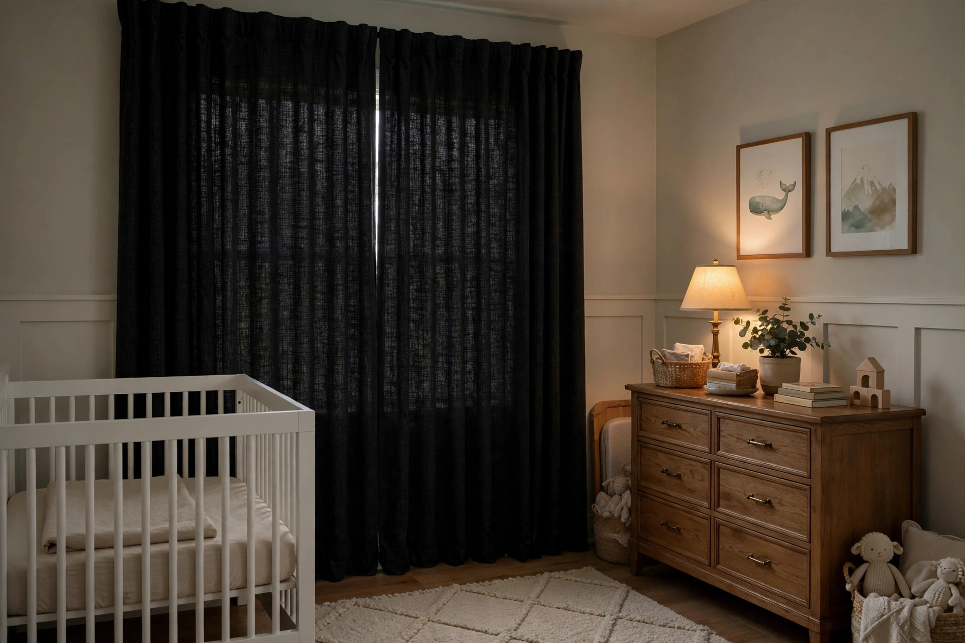 best nursery curtains for light blocking naps: Darkened nursery with blackout curtains over the window
