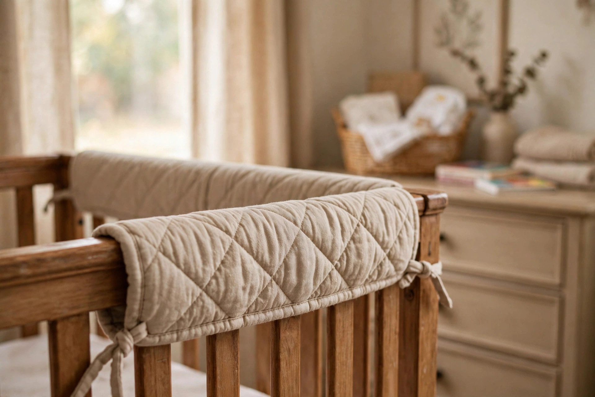 crib rail guard fabric for chewing protection: Crib with fabric rail guard for chewing protection