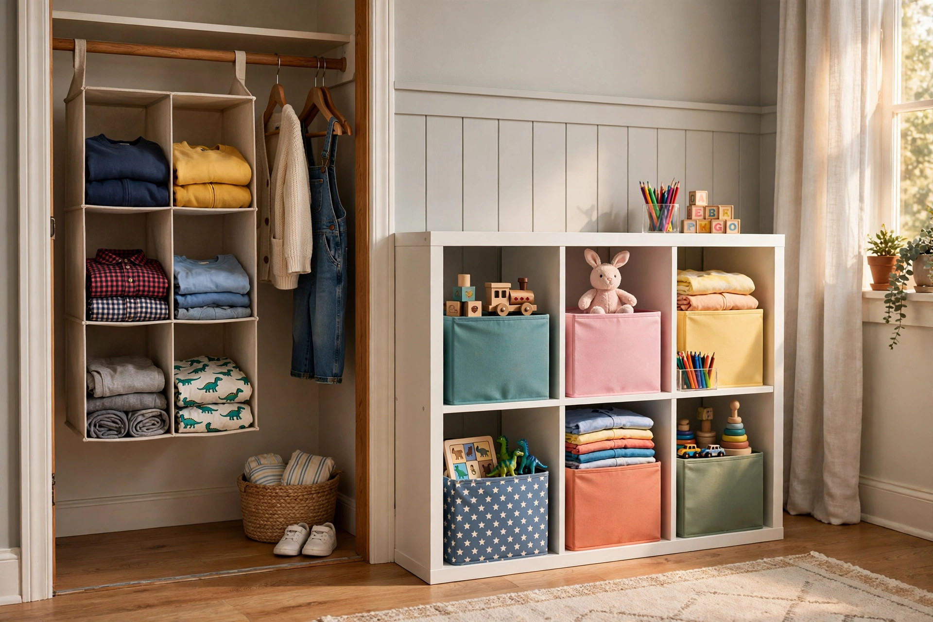 Kids room organizer for closet and shelves in a tidy child bedroom