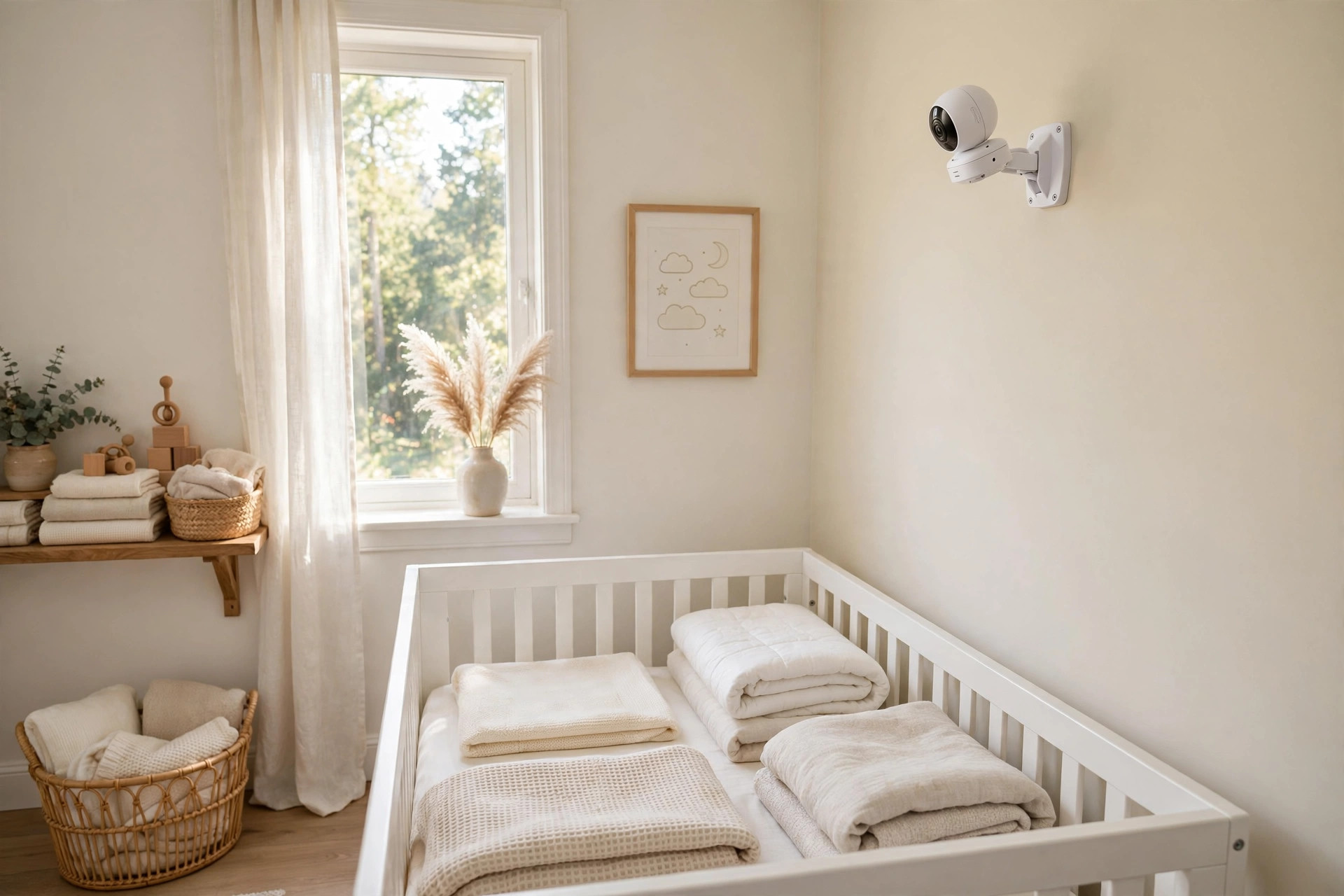 Nursery wall mount for baby monitor camera installed above a crib