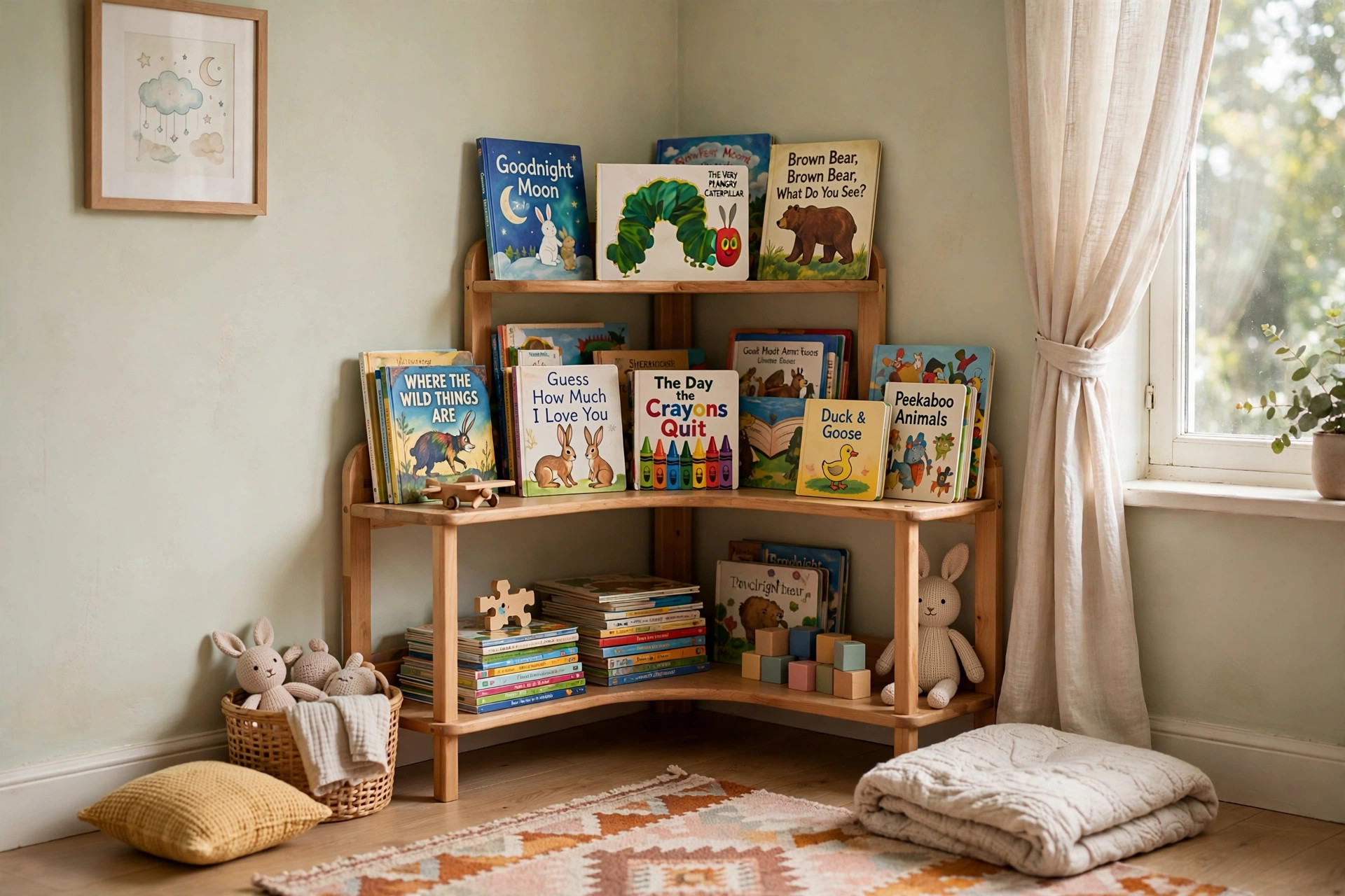 A kids bookshelf corner unit for small bedroom filled with colorful books