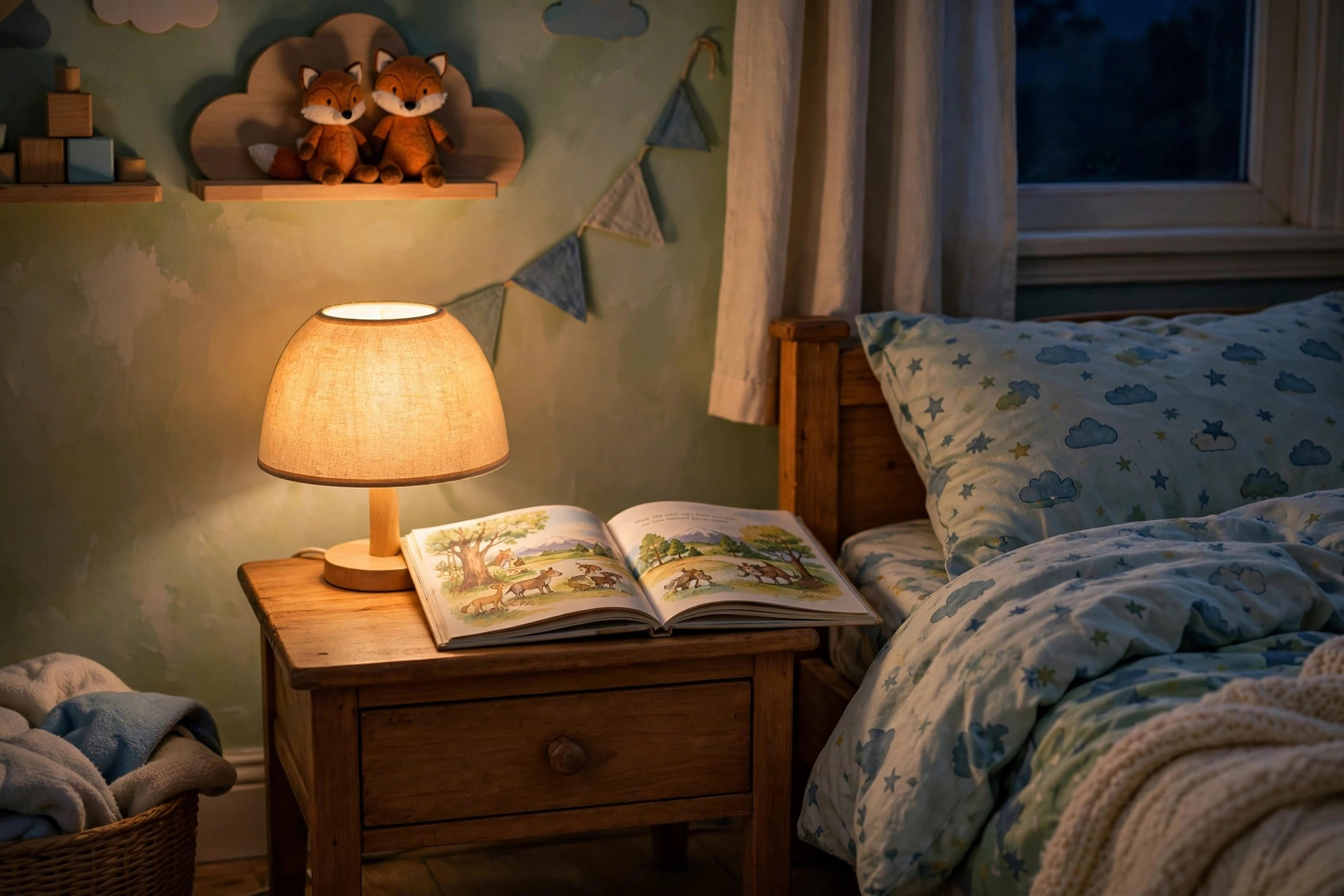 A kids nightstand lamp for bedtime reading glowing softly on a child's nightstand beside books