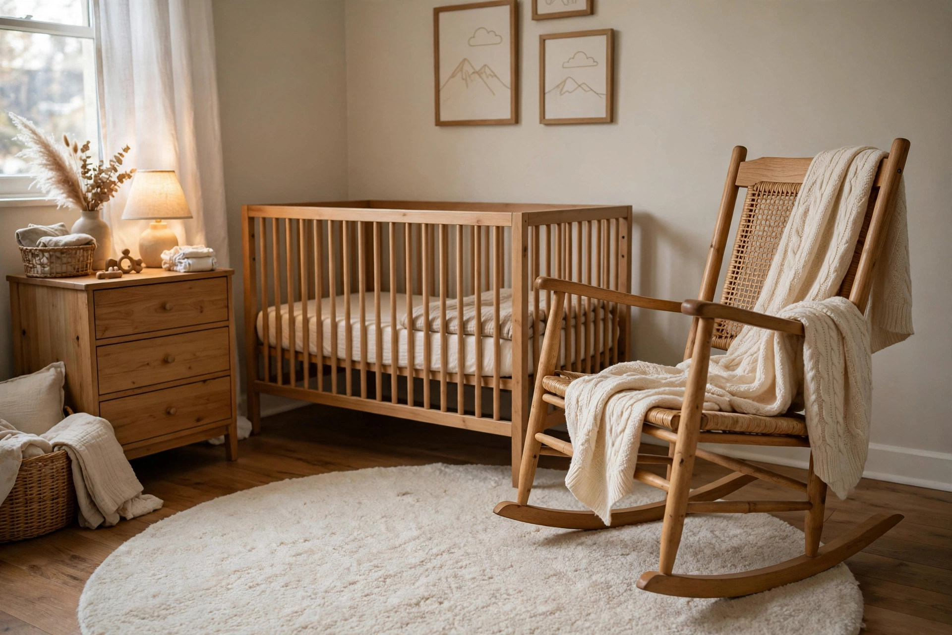 nursery rug round for rocking chair area: Round nursery rug placed under a rocking chair in a nursery