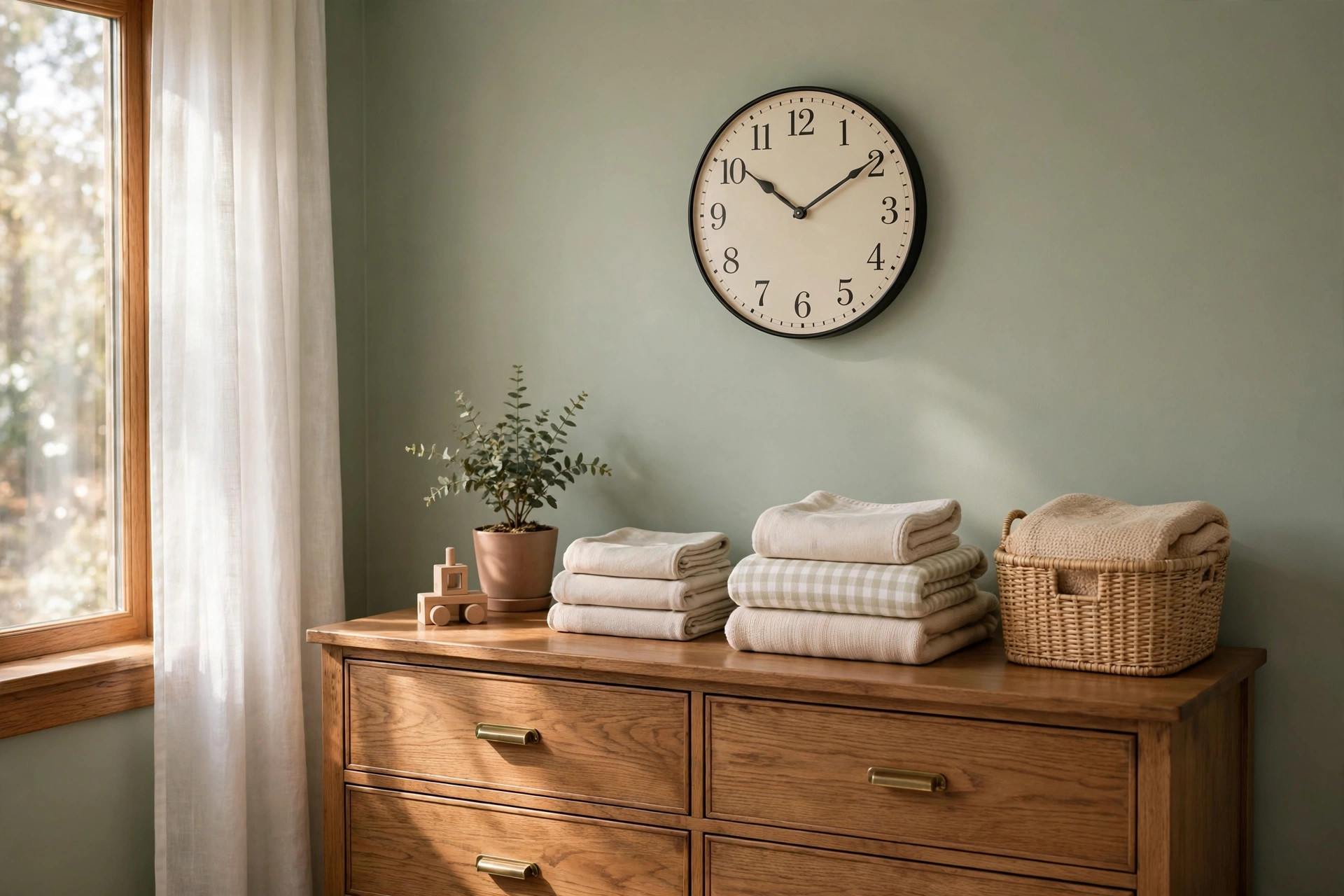 nursery wall clock silent for baby sleep: A silent nursery wall clock on a calm nursery wall