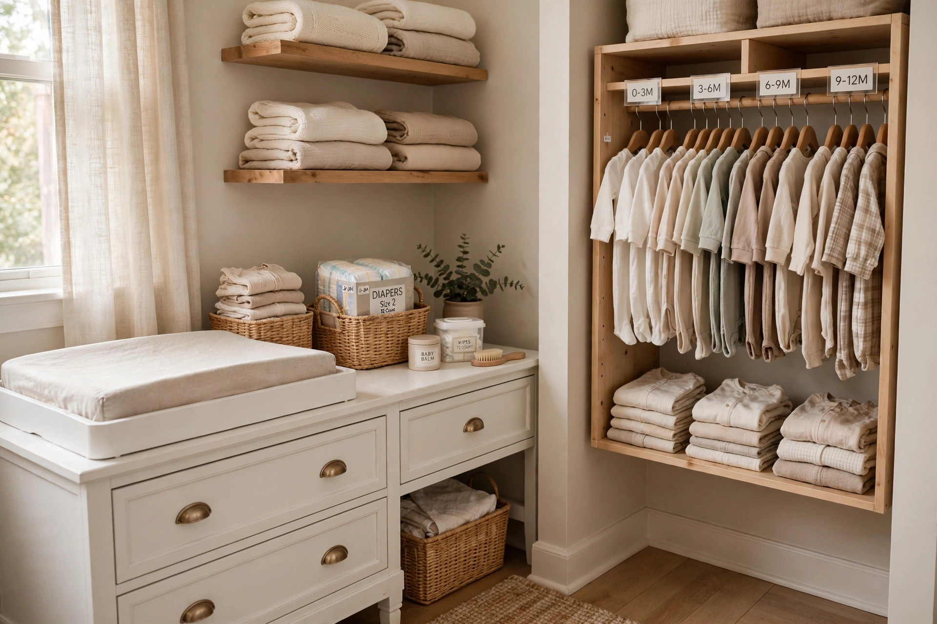best nursery storage for small apartment living: A tidy small nursery corner with wall shelves and woven storage baskets