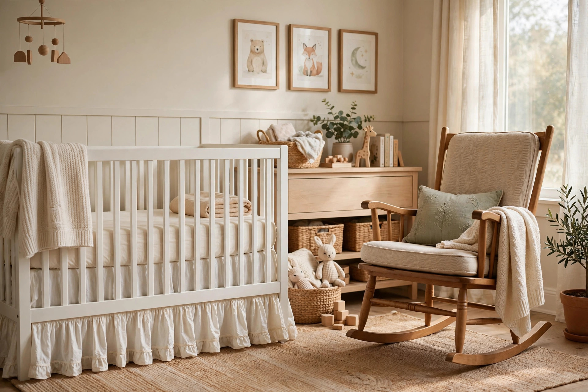 Crib skirt dust ruffle for nursery style in a bright nursery