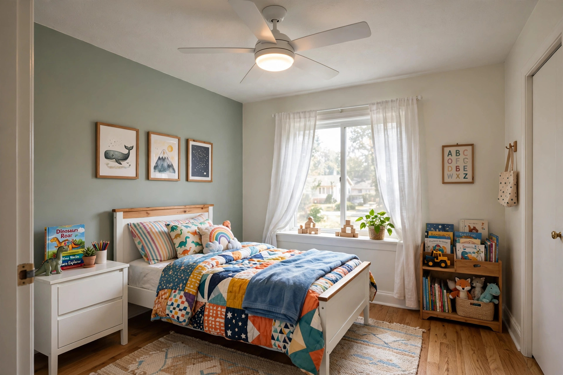 A kids bedroom fan with light for ceiling in a child's bedroom
