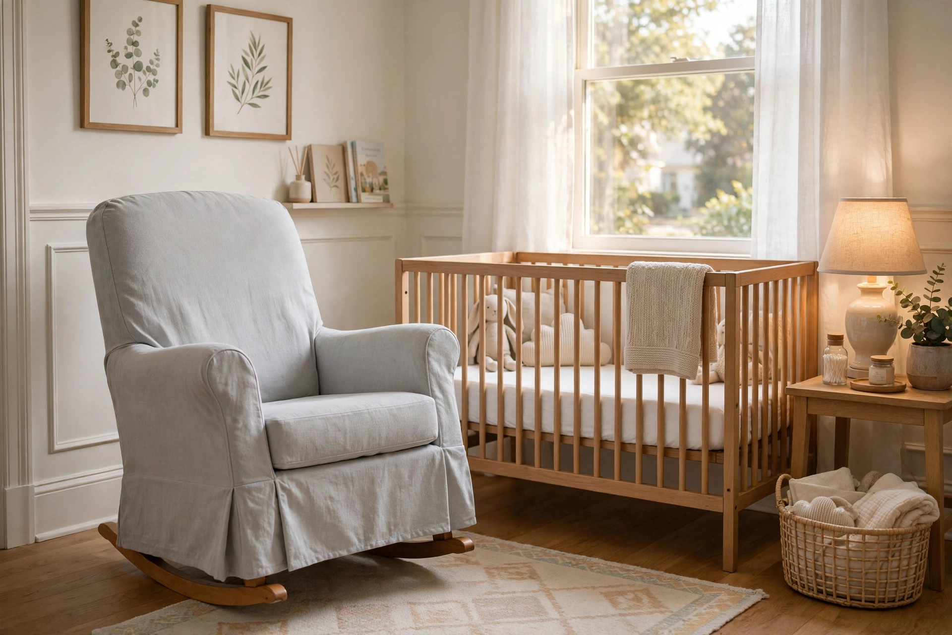 nursery glider slipcover for easy washing: A nursery glider chair with a washable slipcover in a calm baby room