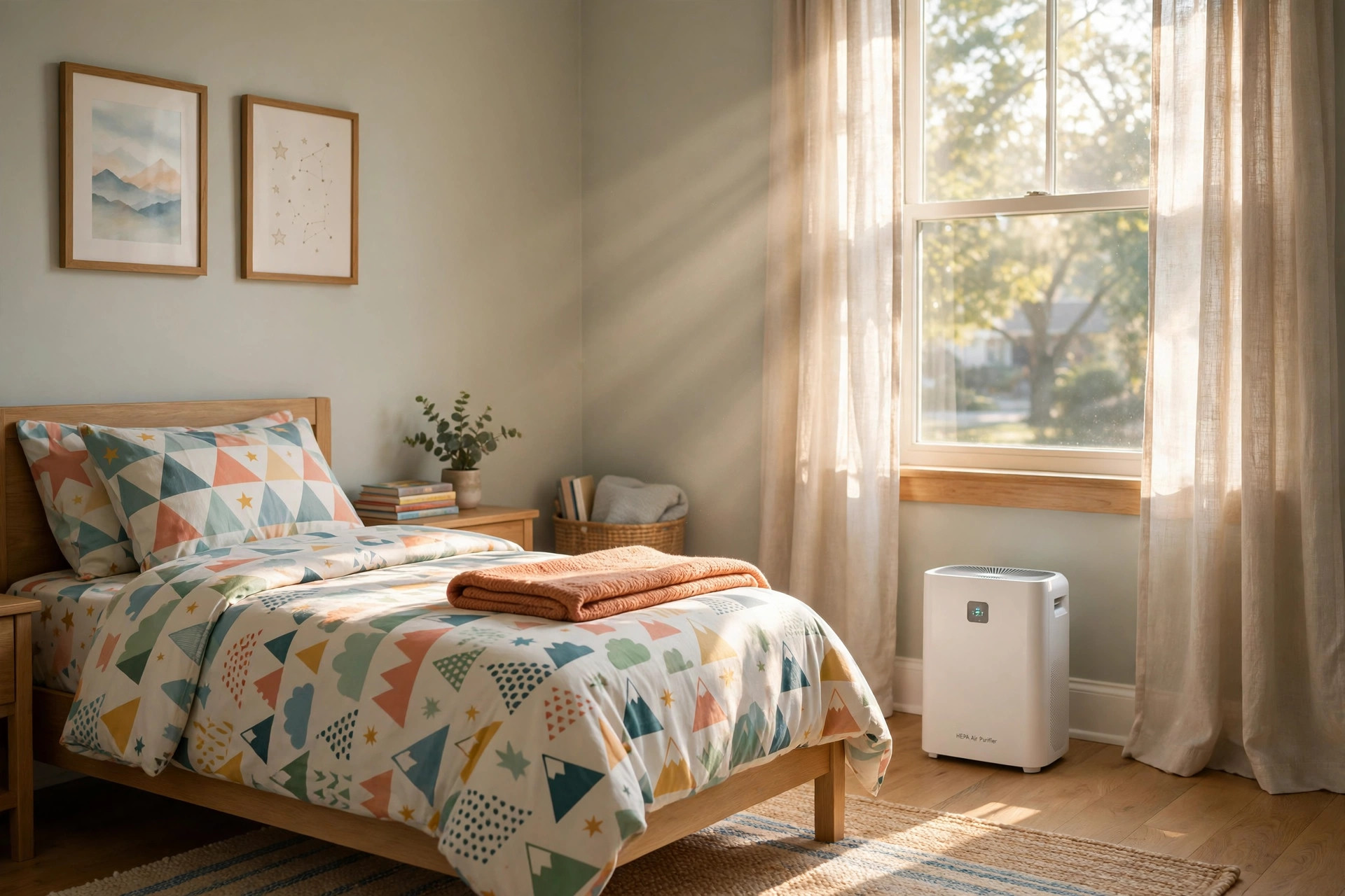 Child's bedroom with the best kids room air purifier for allergies running quietly in the corner