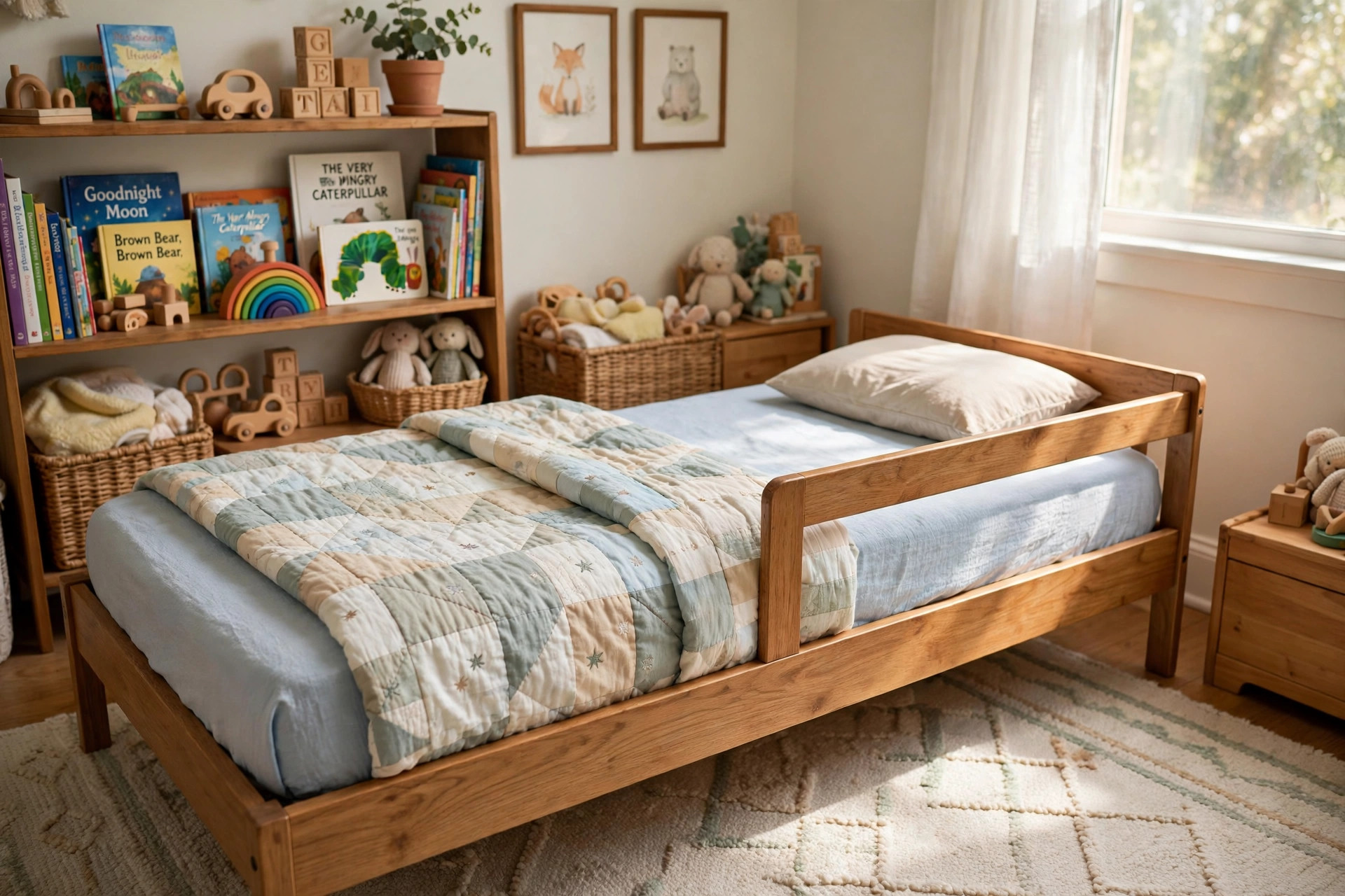 toddler bedding for crib to bed transition: Soft toddler bedding arranged for the crib to bed transition