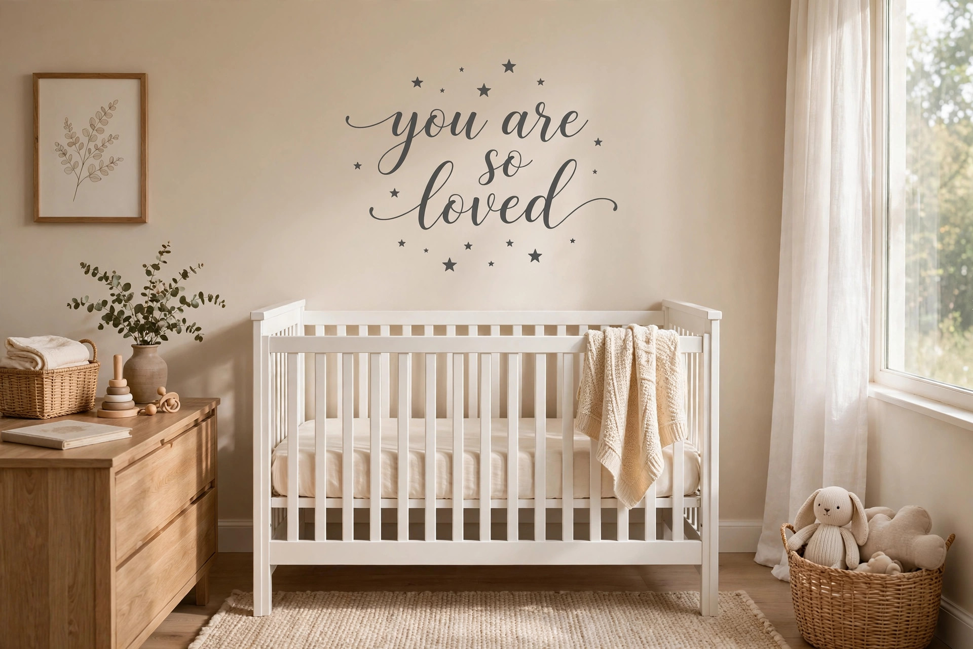 A nursery wall decal quote for above crib on a soft beige wall