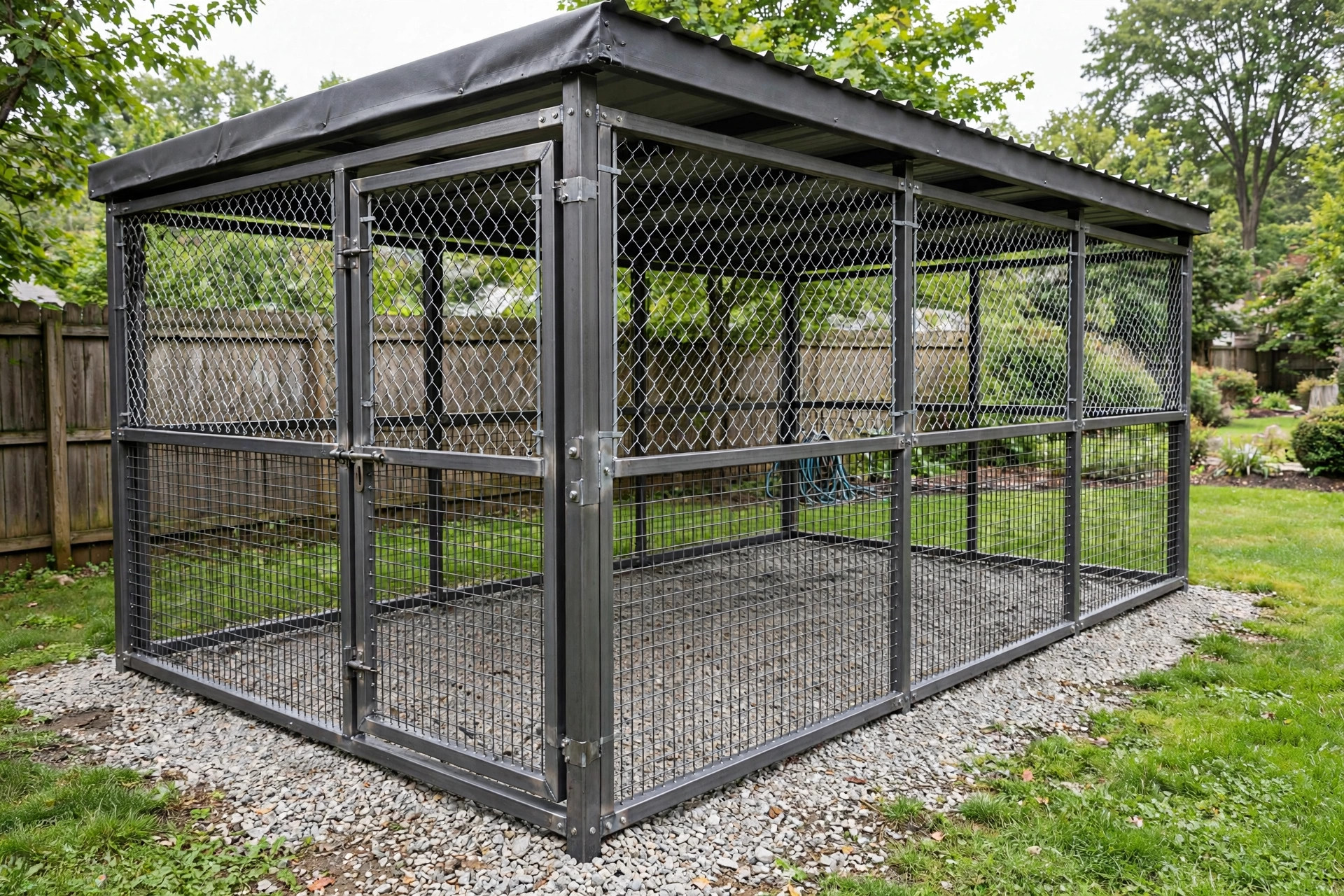 best outdoor dog kennel for large breeds usa: Large outdoor dog kennel in an American backyard, built for big breeds