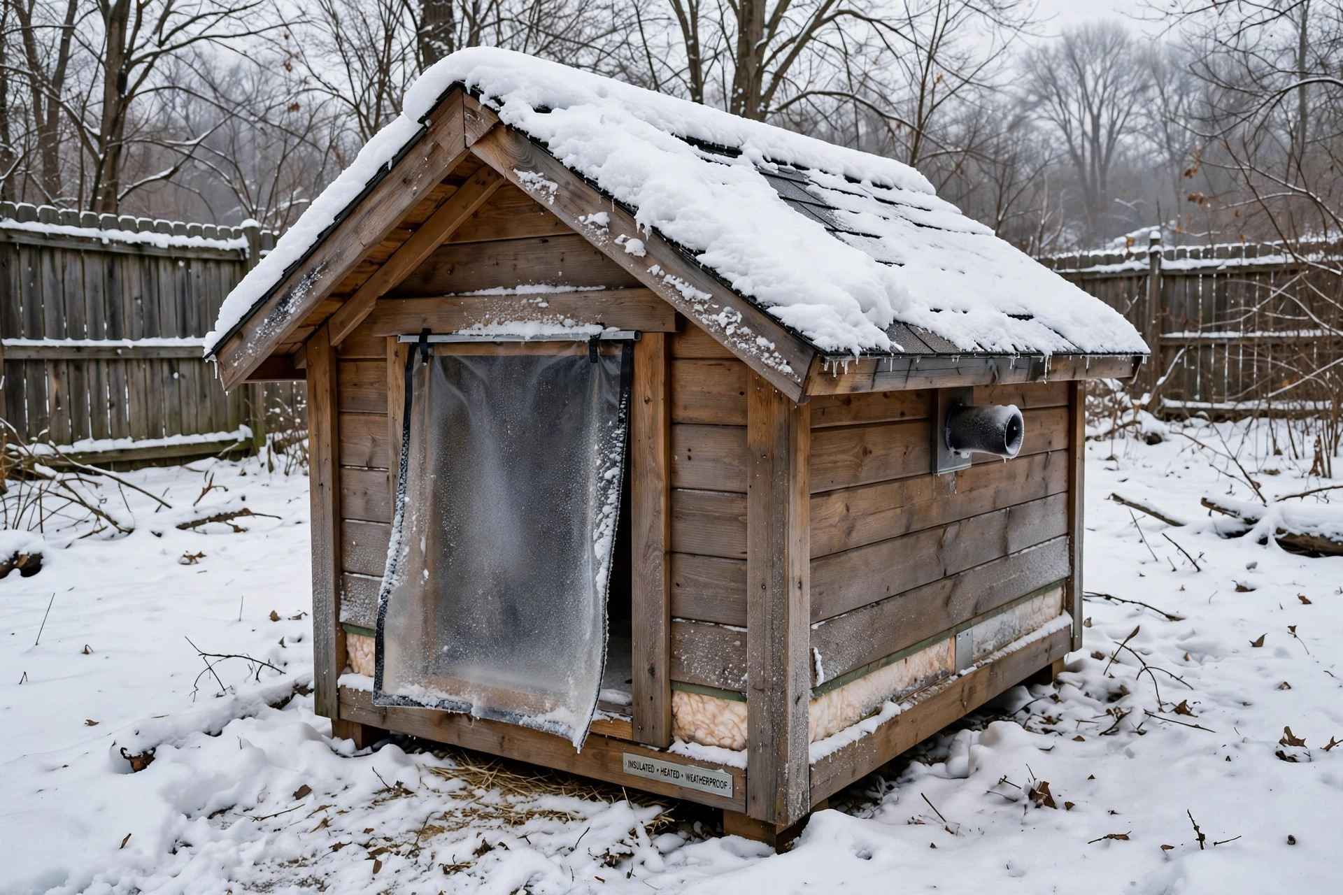 Insulated heated dog house for winter cold climates in a snowy backyard