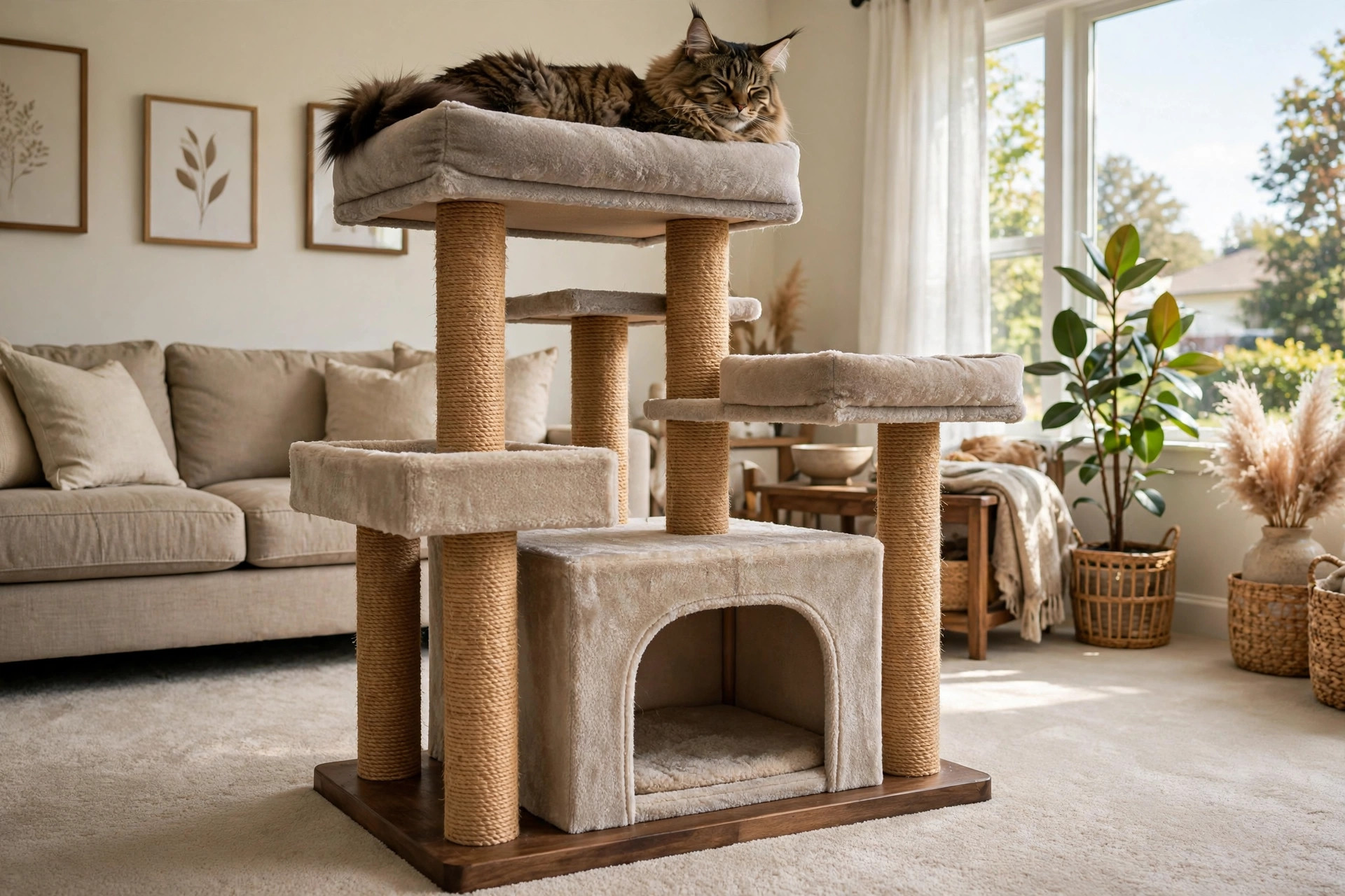 best cat tree for large cats sturdy tall: A tall, sturdy cat tree for large cats with a big cat lounging on the top perch in a bright American living room