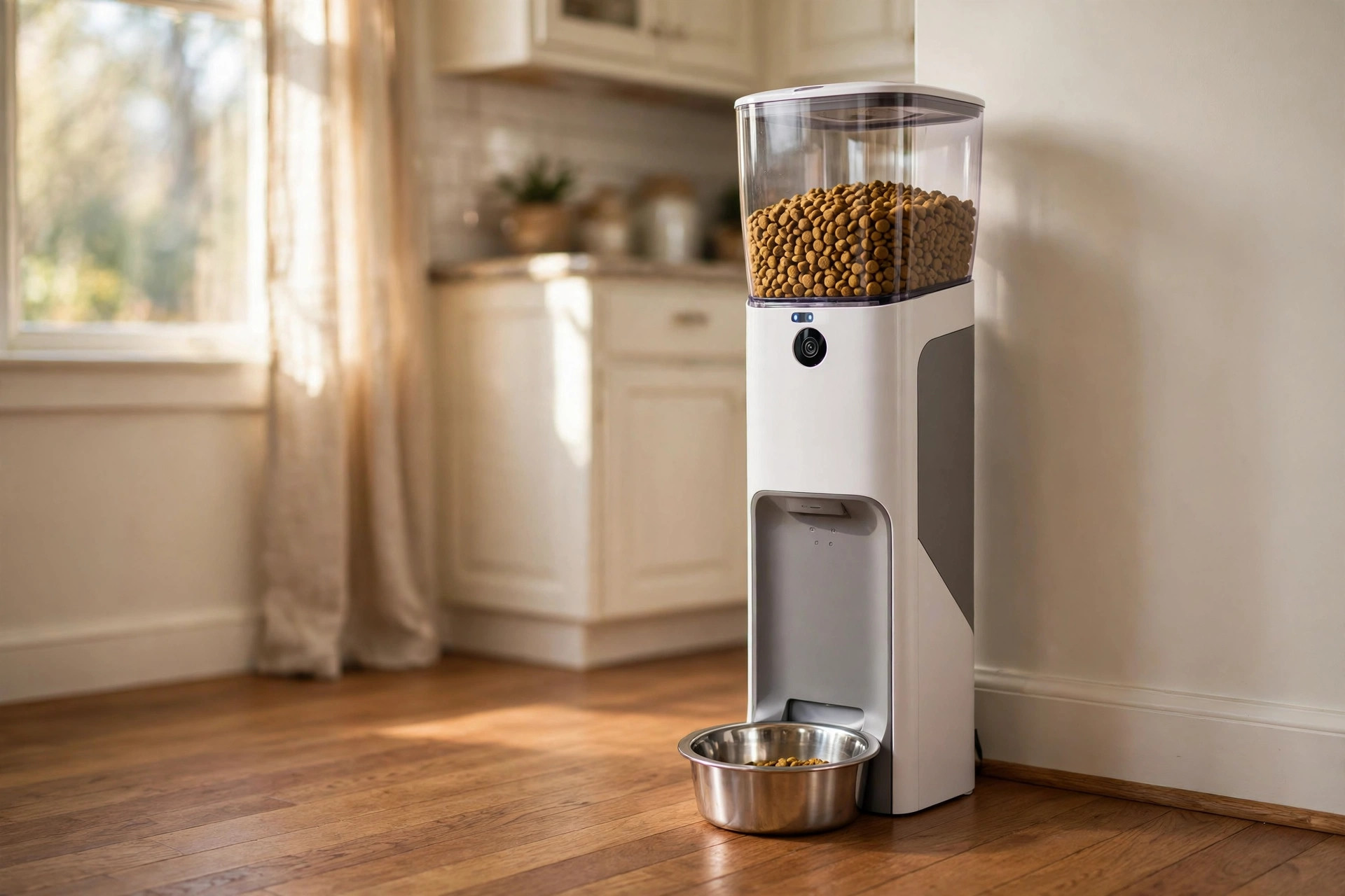 Automatic pet feeder for dogs with camera in a kitchen