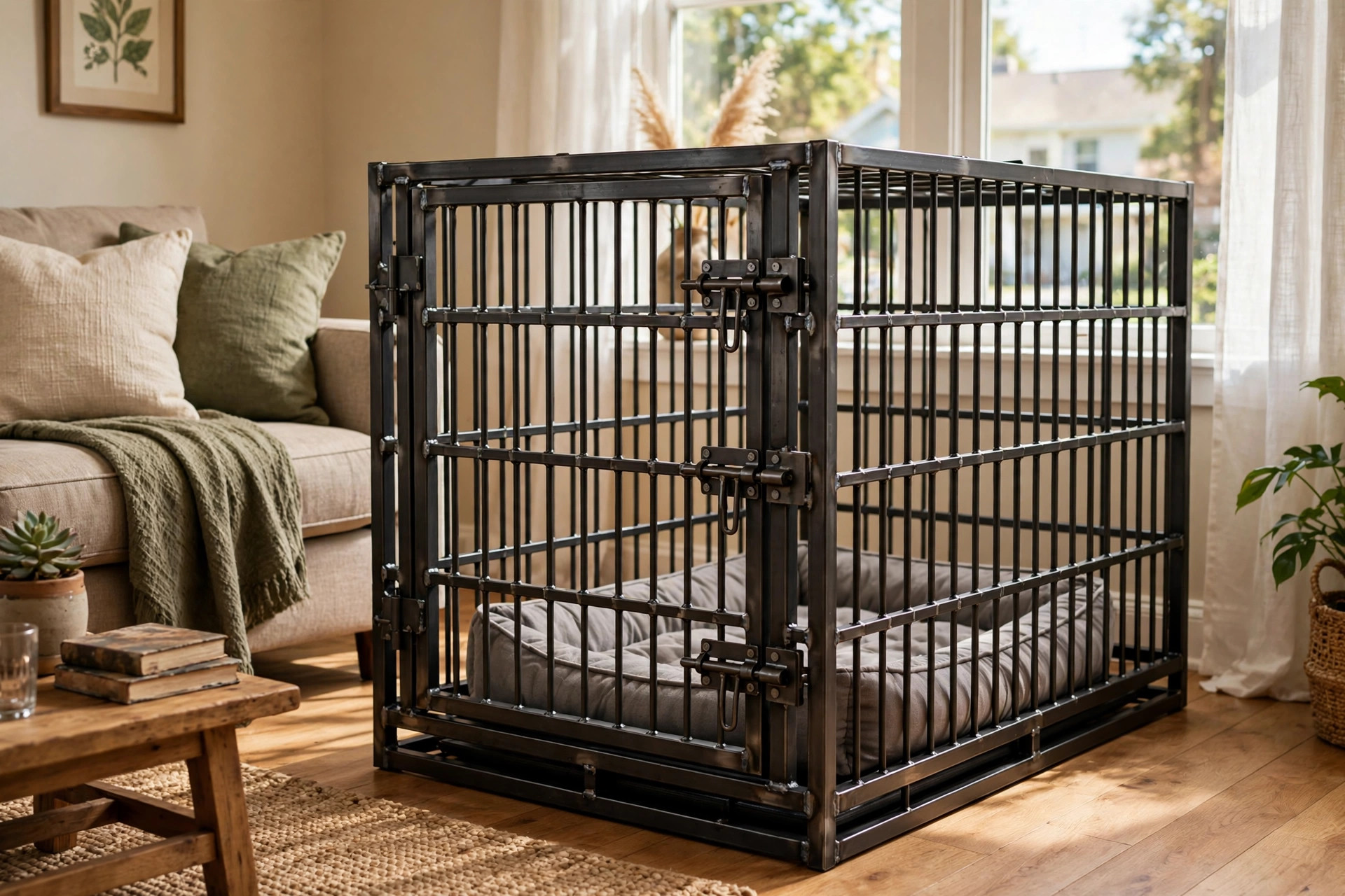A heavy duty escape proof dog crate with double latches in a living room, best dog crate for anxious dogs escape proof