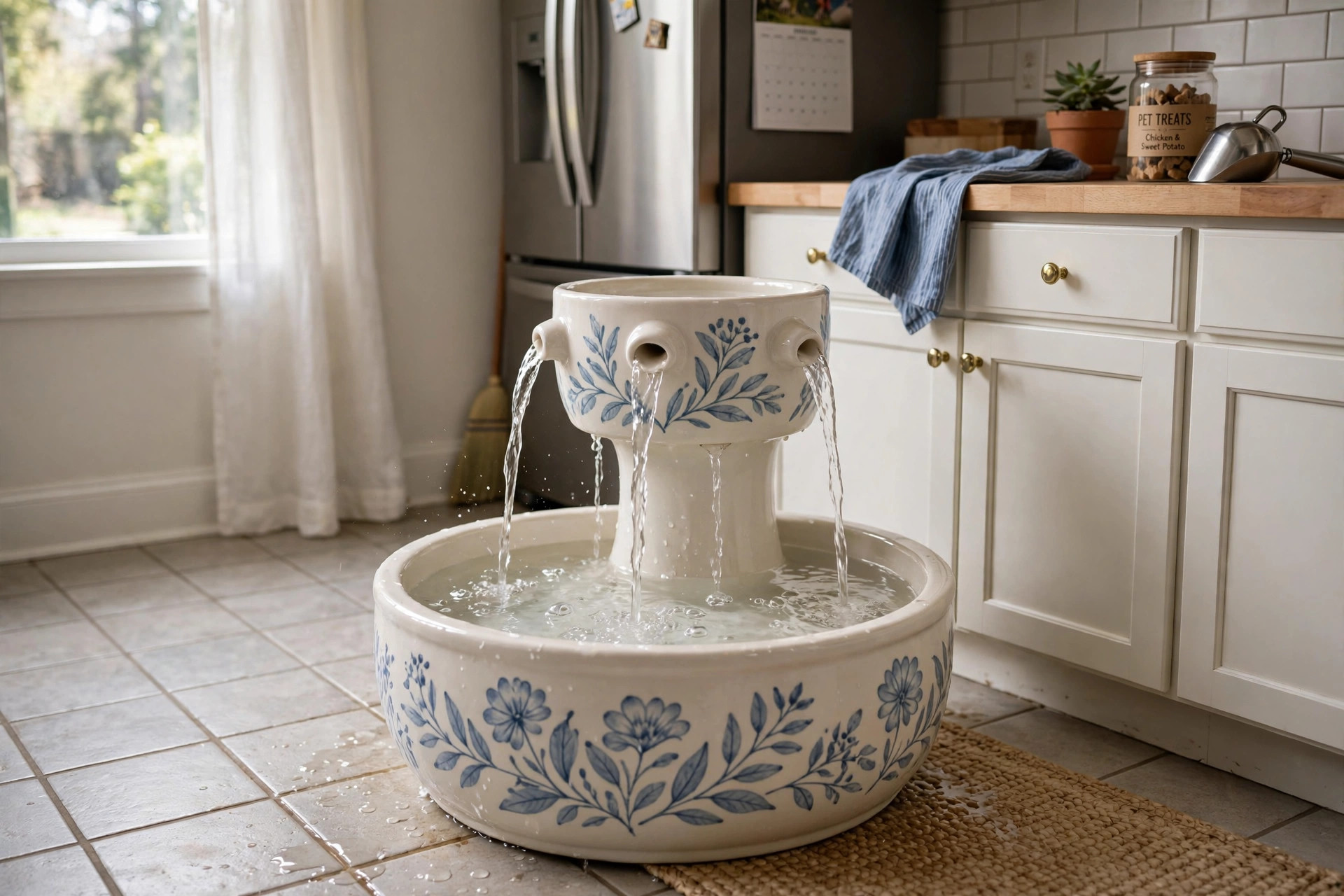 best pet water fountain for multiple cats: A pet water fountain for multiple cats on a kitchen floor