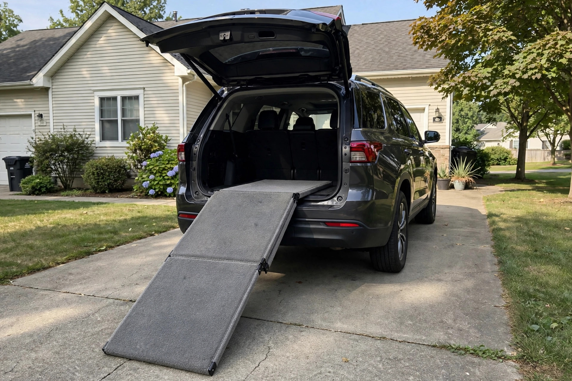 Dog ramp for SUV and high bed access shown leaning against a car tailgate