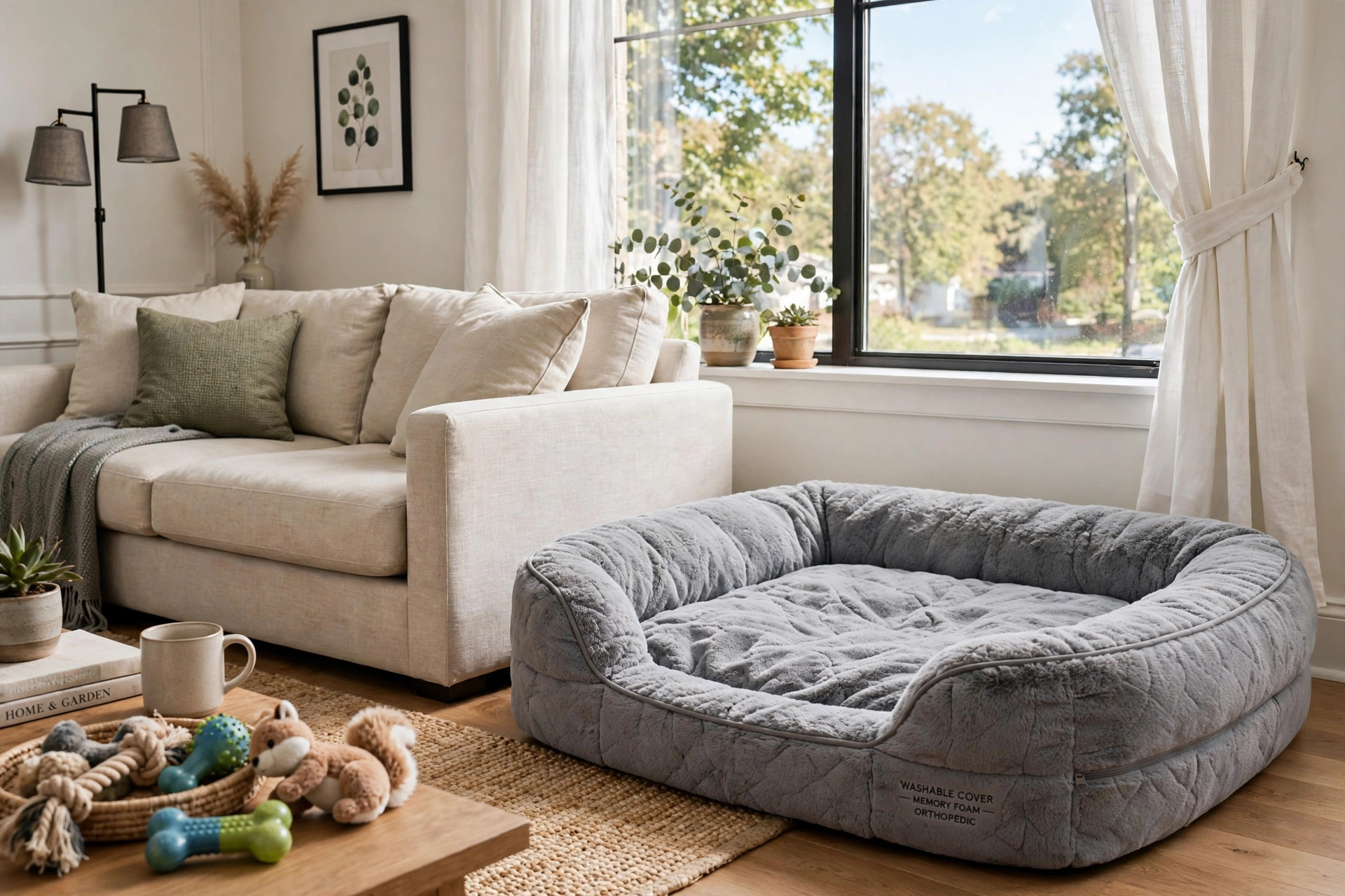 Best orthopedic dog bed for senior large dogs in a bright living room