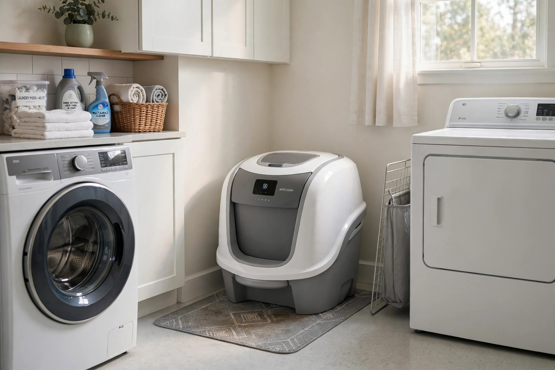 Self cleaning litter box for busy cat owners in a tidy laundry room