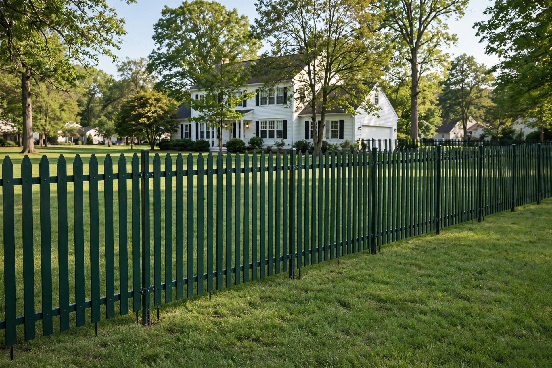 best dog fence for large yard no digging: A no-dig fence line crossing a large suburban backyard