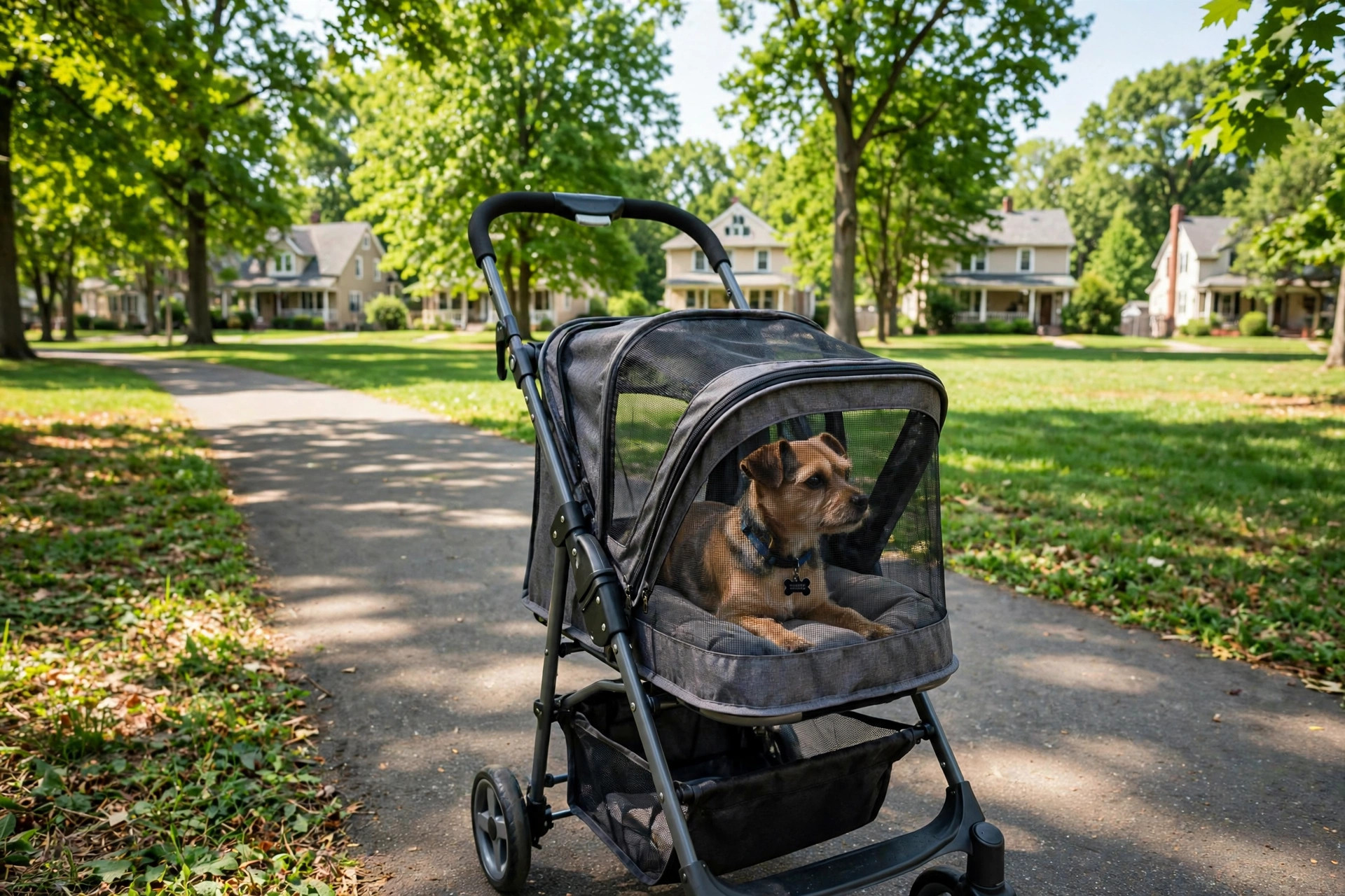 A pet stroller for small dogs and cats travel on a park path
