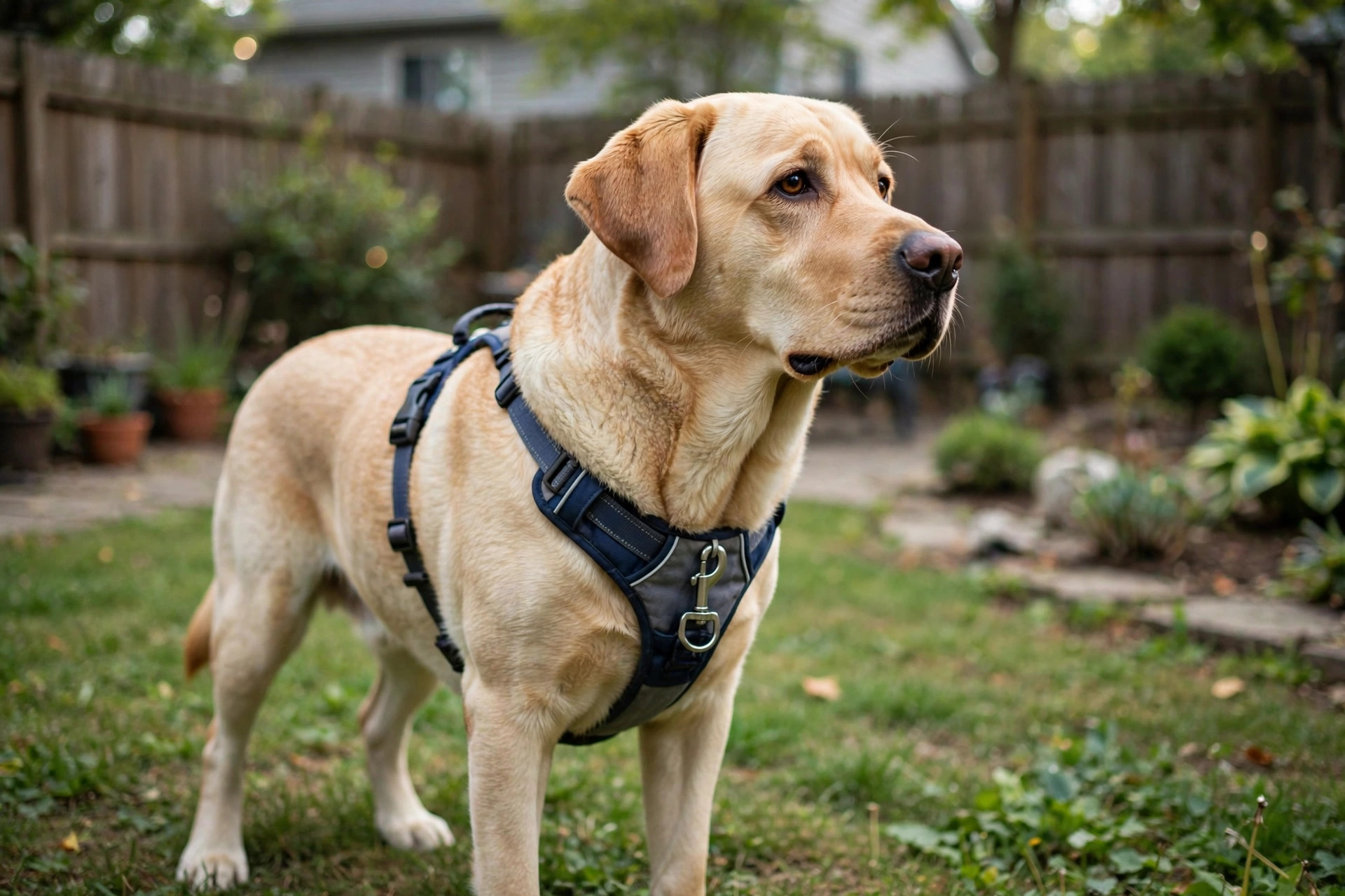 Best no pull dog harness for strong pullers worn by a dog walking in a yard