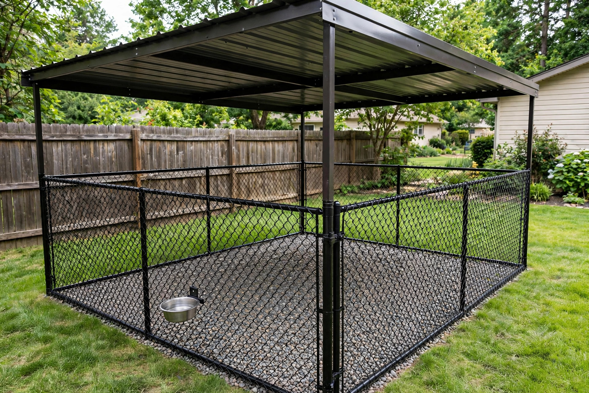 Outdoor dog run with roof for backyard in a green American yard