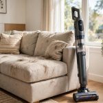 A handheld vacuum cleaner with pet hair attachment beside a sofa covered in fine dog hair, best pet vacuum for dog hair on furniture