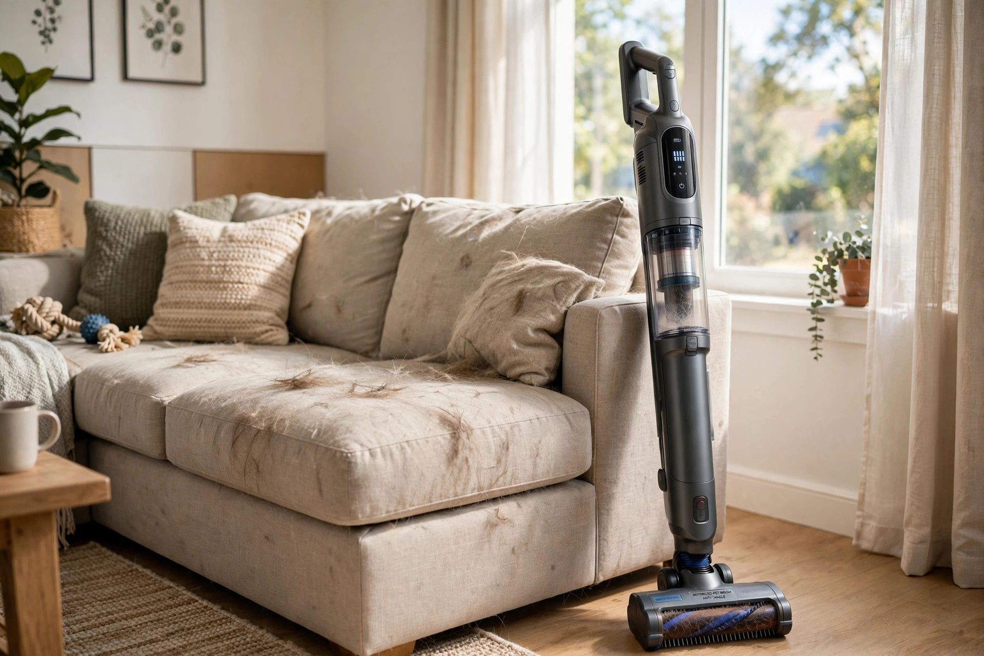A handheld vacuum cleaner with pet hair attachment beside a sofa covered in fine dog hair, best pet vacuum for dog hair on furniture