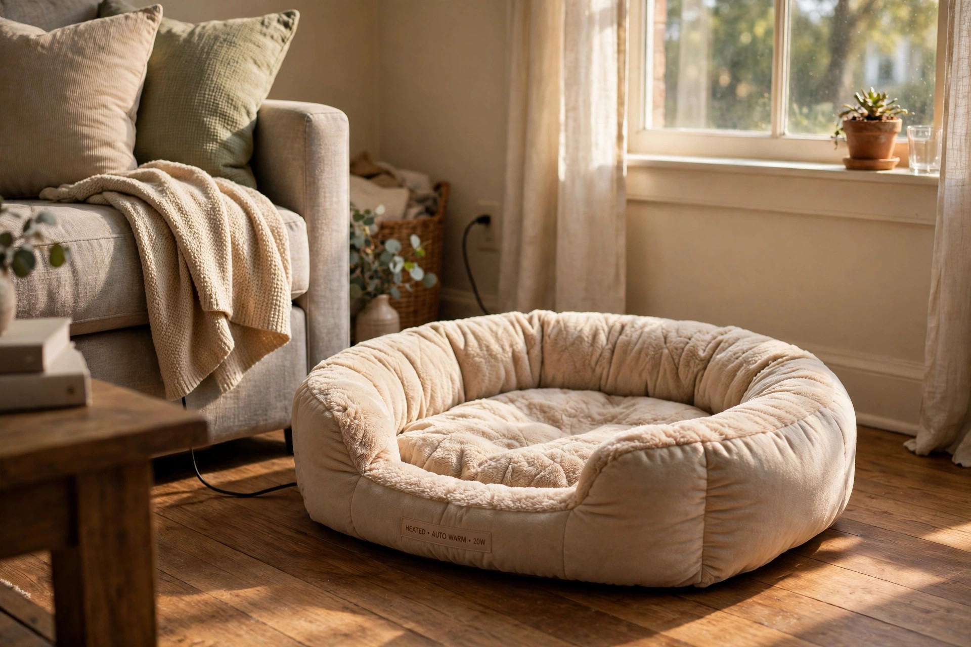 Heated pet bed for arthritic older dogs placed beside a living room couch