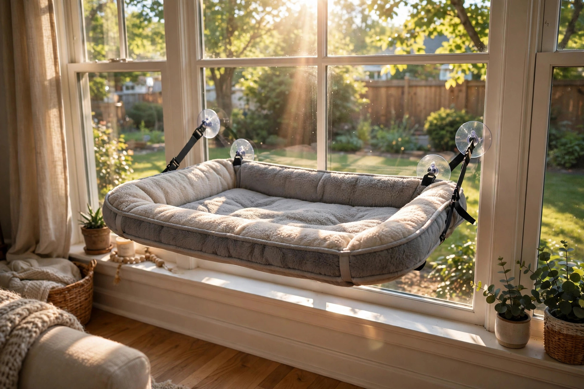 Cat window perch for sunny window lounging in a bright living room