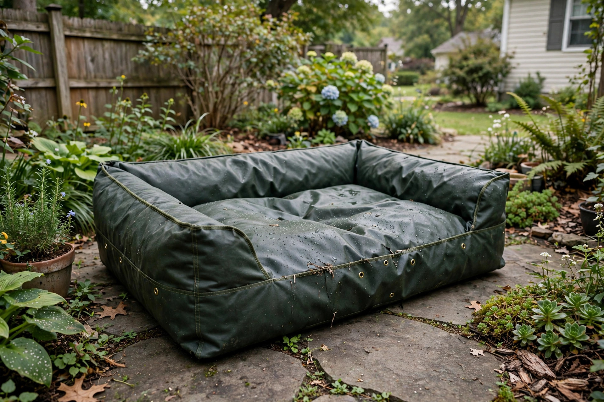 best outdoor dog bed waterproof for patio: A waterproof outdoor dog bed resting on a stone patio beside garden plants