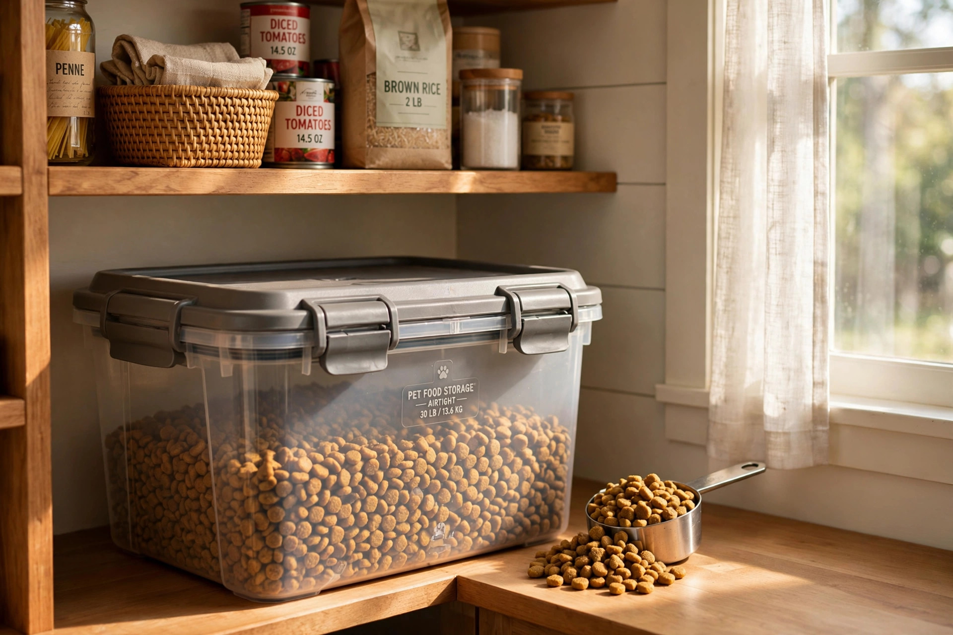 pet food storage container airtight large: Airtight large pet food storage container with dog kibble