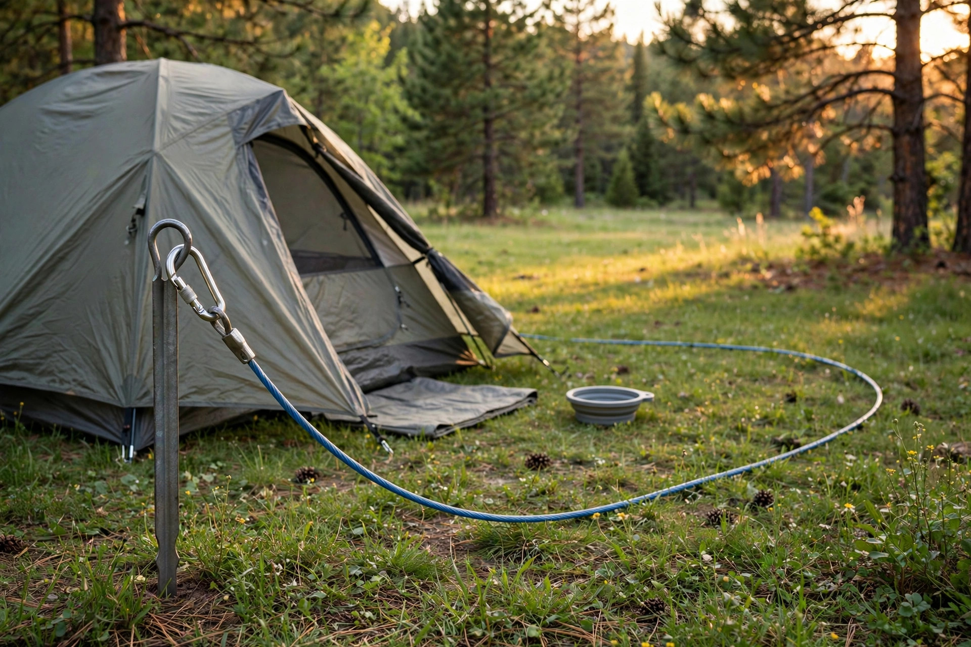 A dog tie out cable for camping and yard use anchored to a tree at a campsite