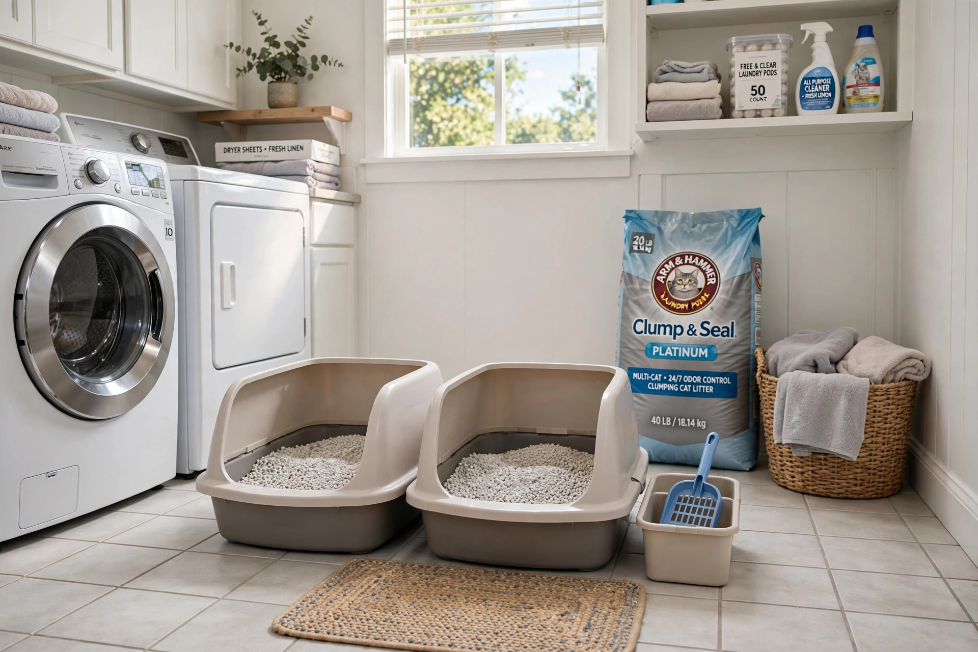 A row of clean litter boxes in a bright laundry room, illustrating the best cat litter for odor control multi cat homes