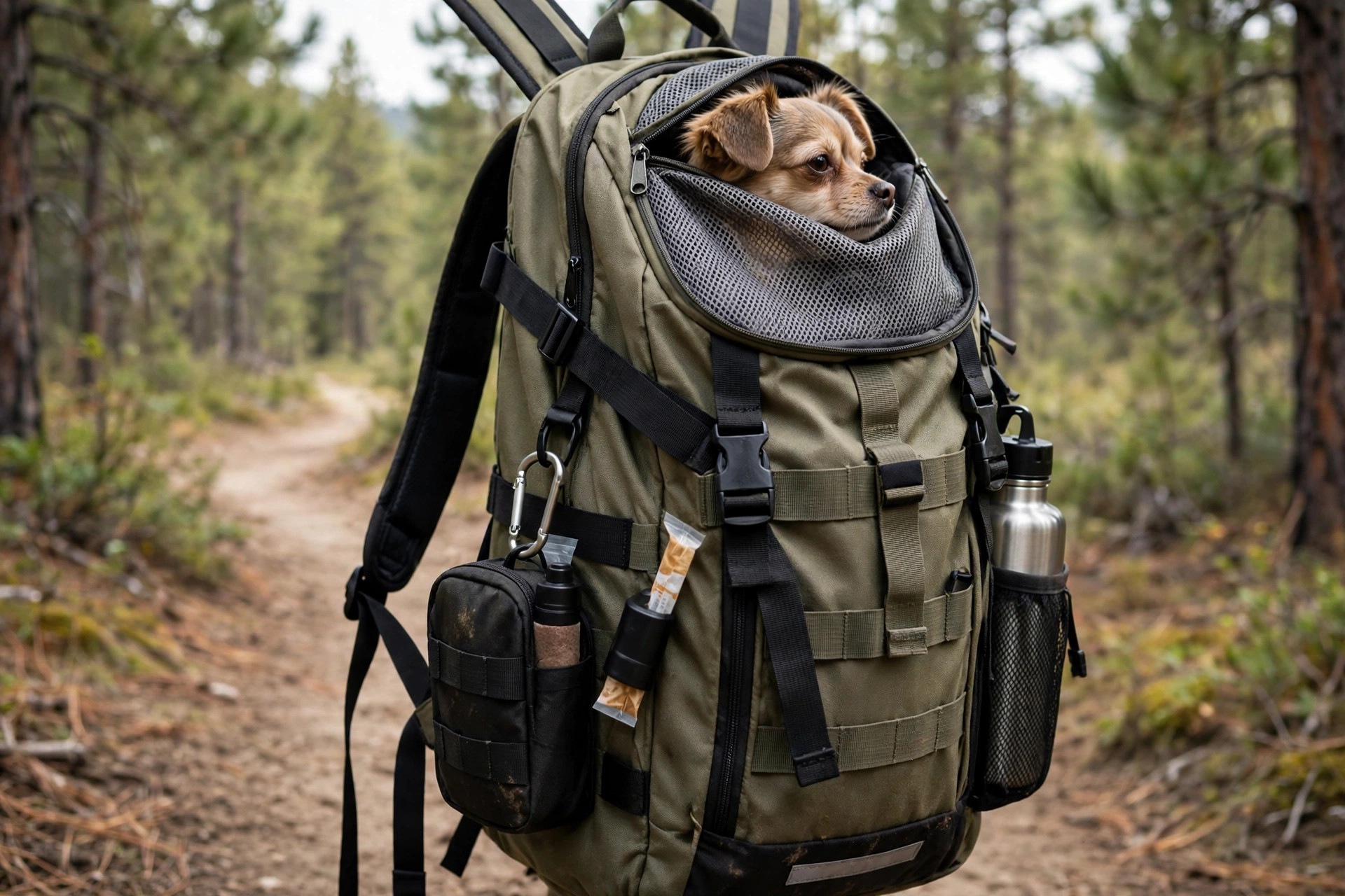 Pet carrier backpack for small dogs hiking on a forest trail