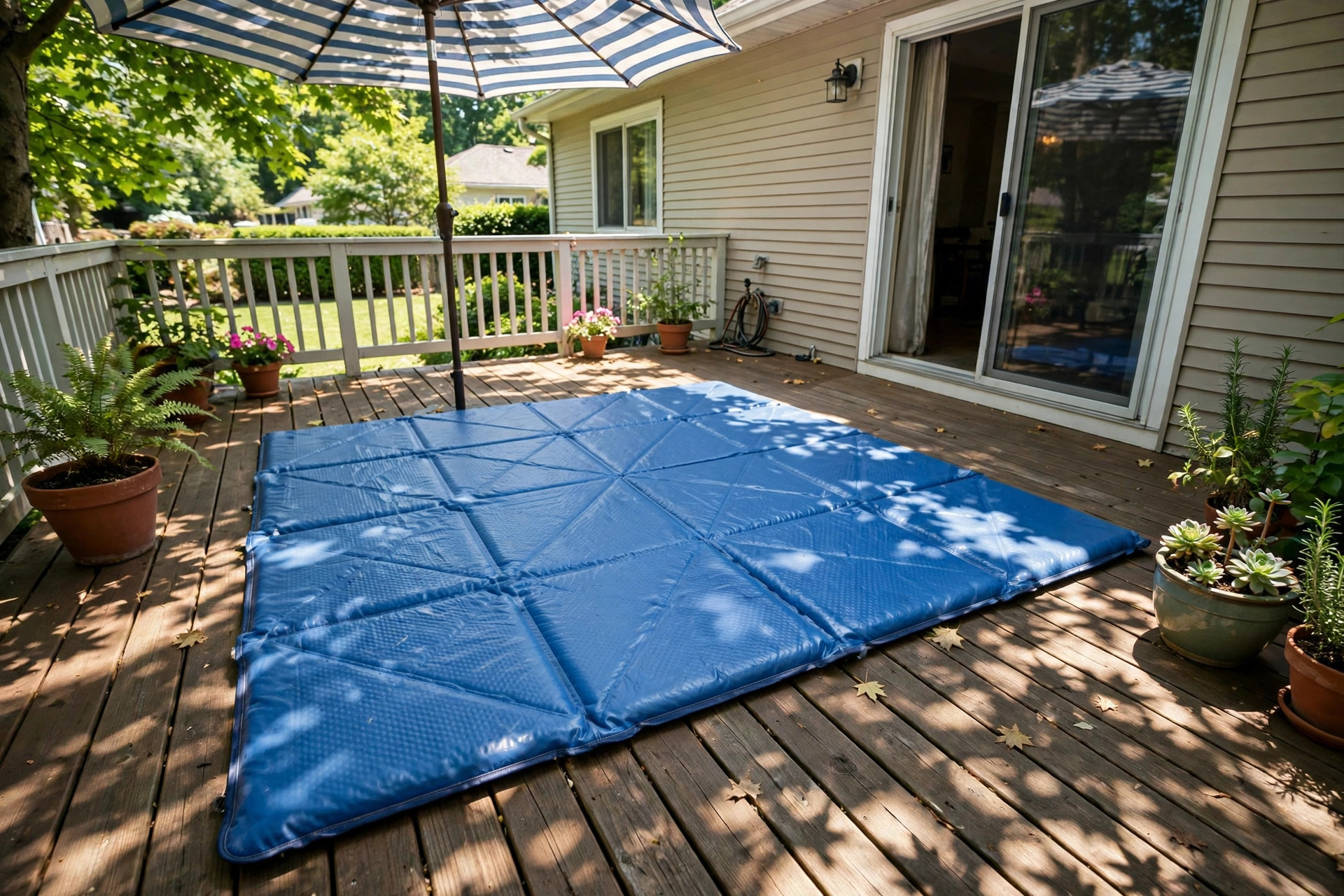Blue gel cooling mat on a patio for dog cooling mat for hot summer patios usa buyers