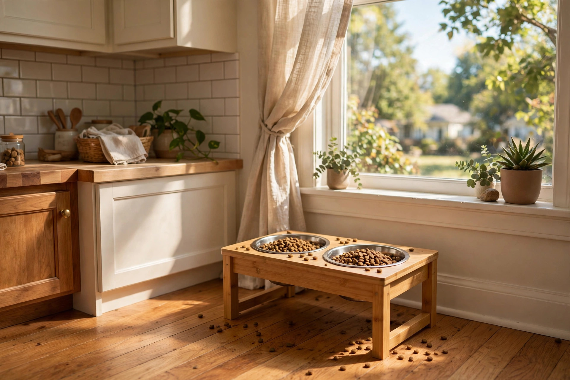 best elevated cat bowl stand for neck comfort: Elevated cat bowl stand for neck comfort in a home kitchen