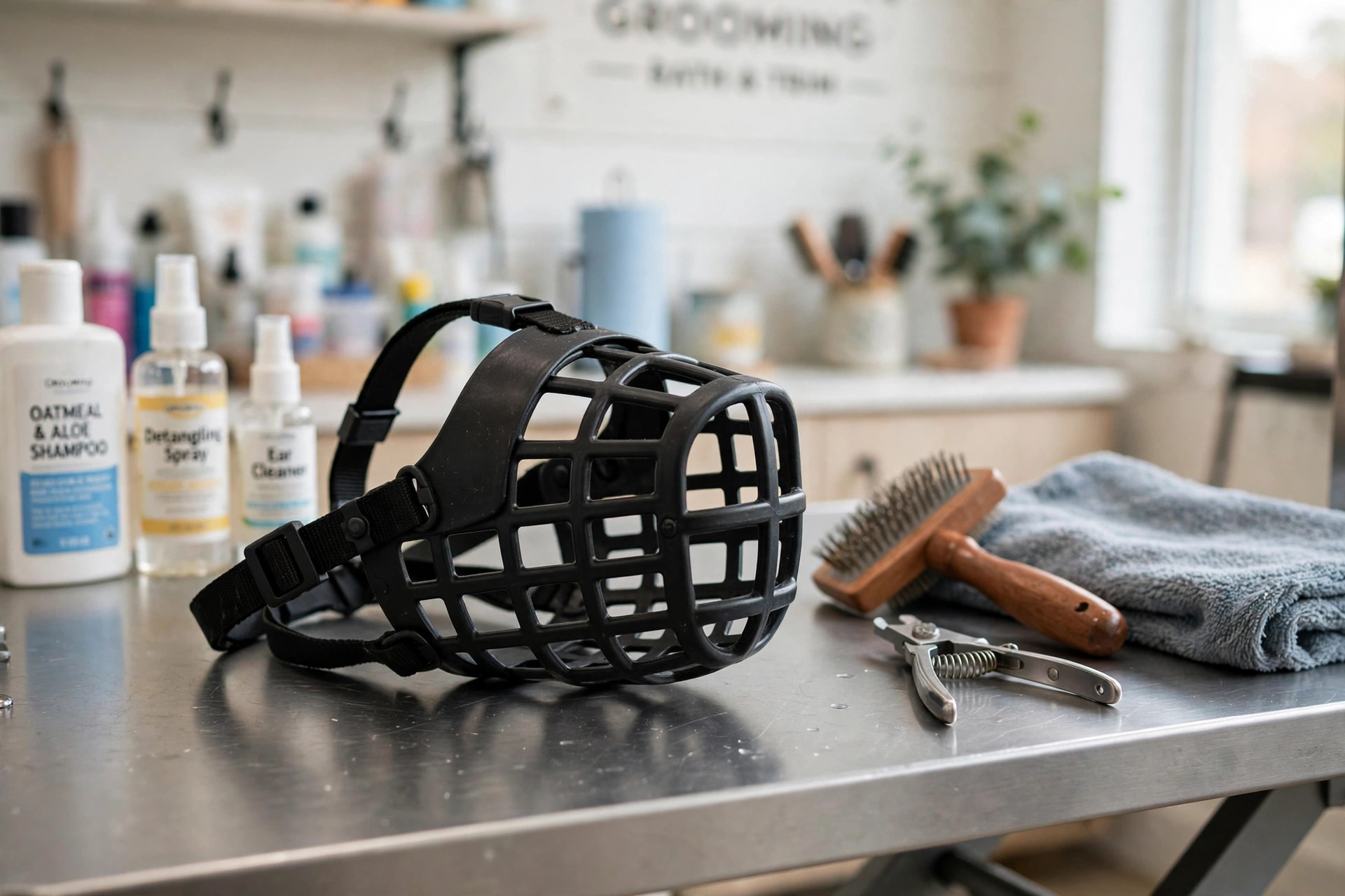 best dog muzzle for vet visits and grooming: A basket dog muzzle on a grooming table with brushes in a bright American pet grooming room