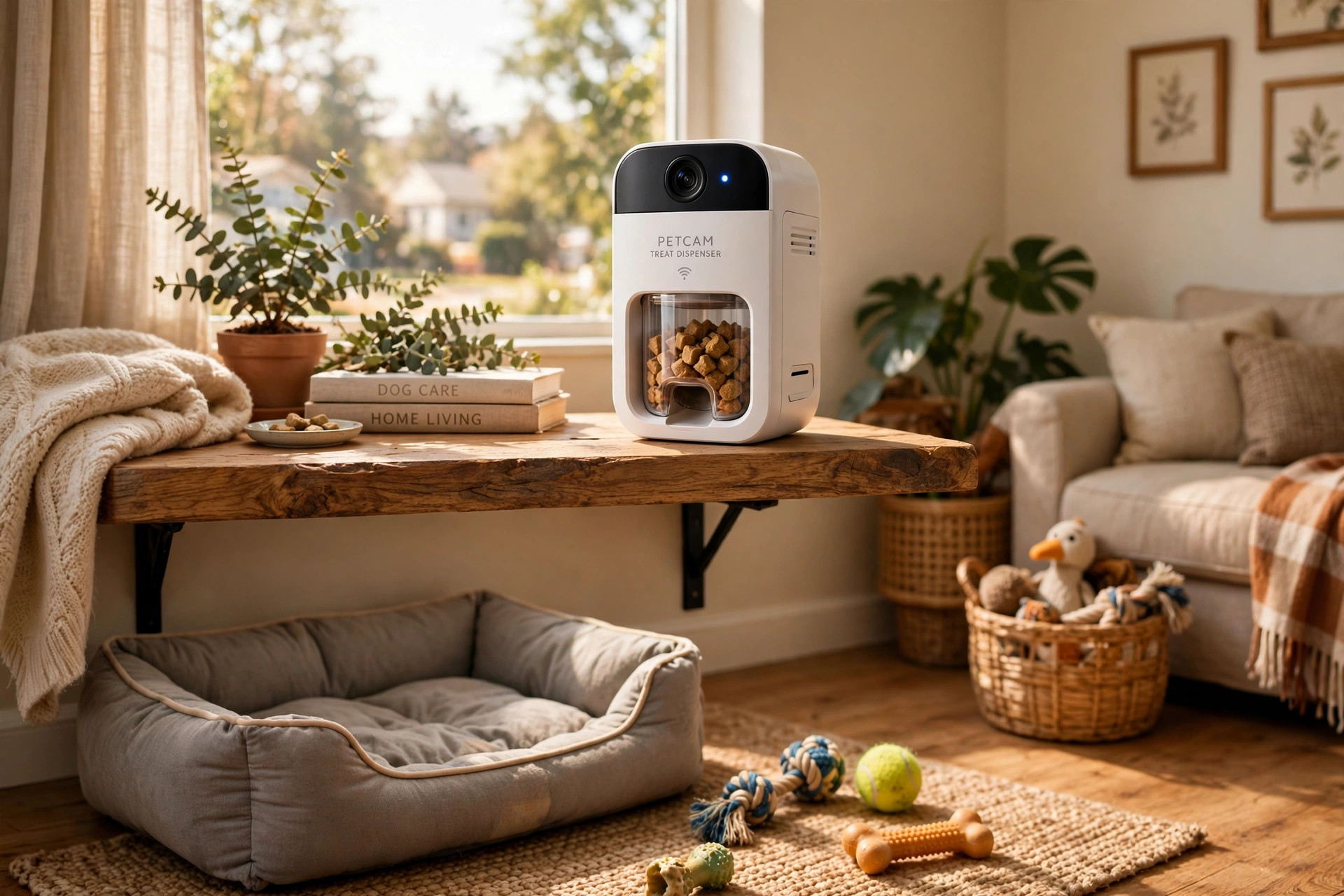 best pet camera with treat dispenser wifi: A pet camera with a treat dispenser on a shelf, watching over a dog bed in a living room