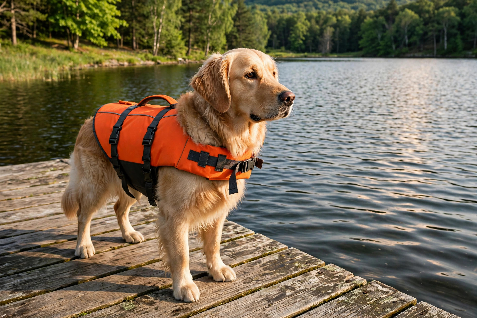 Golden retriever wearing a dog life jacket for swimming and boating on a wooden dock