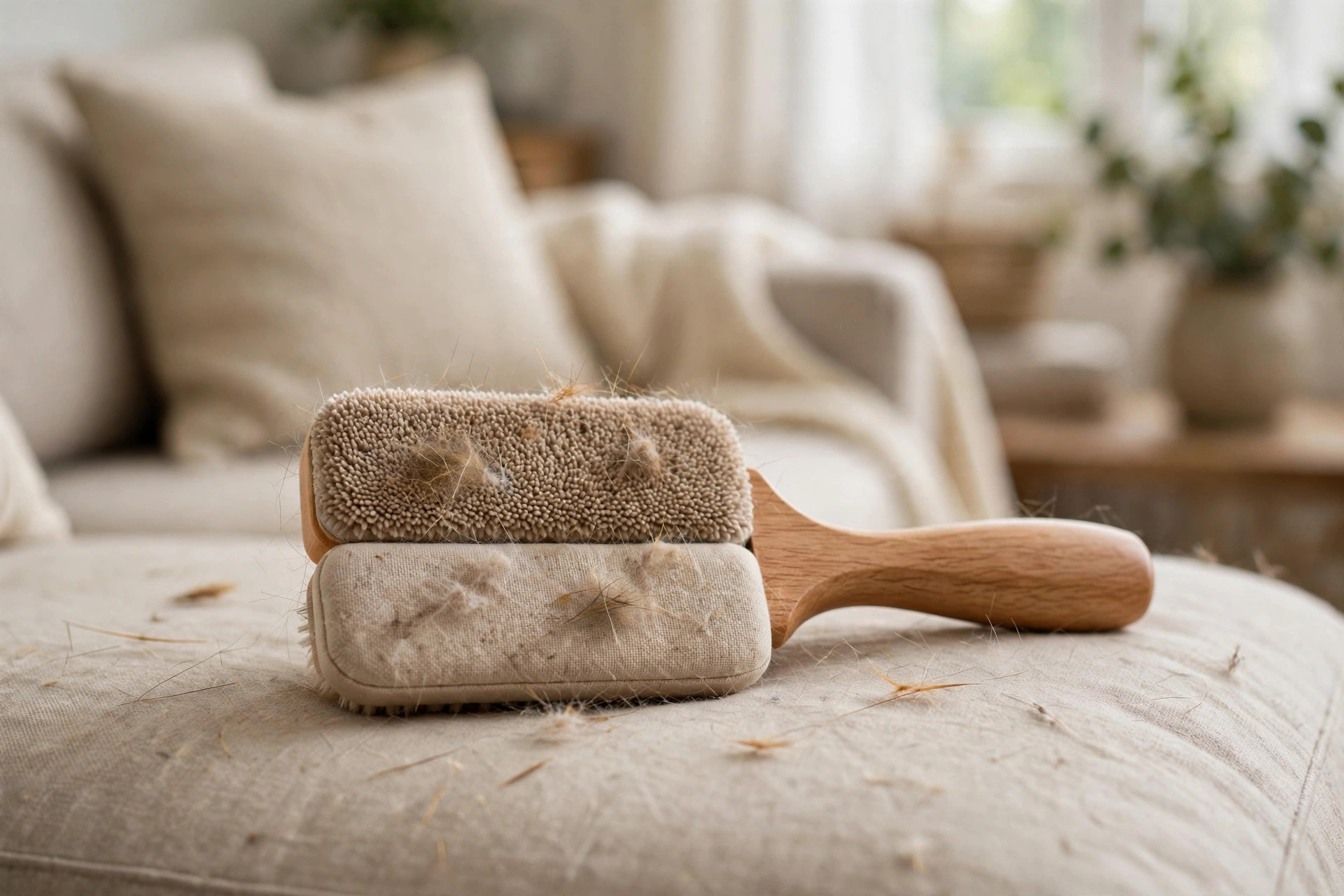 Pet hair remover brush for couch and car resting on a sofa cushion