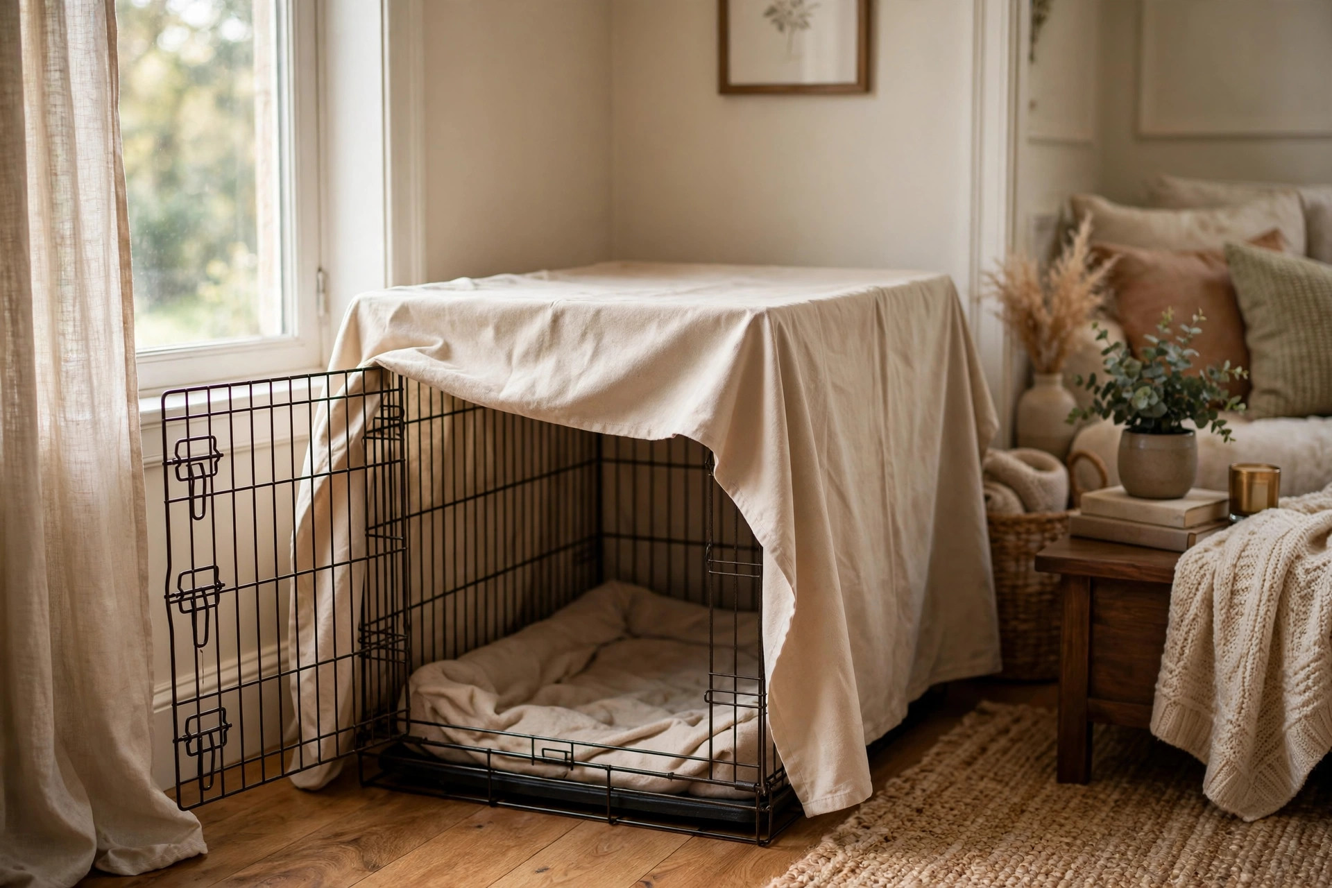 A wire dog crate with a fabric cover in a living room, with the focus keyword best dog kennel cover for crate training privacy