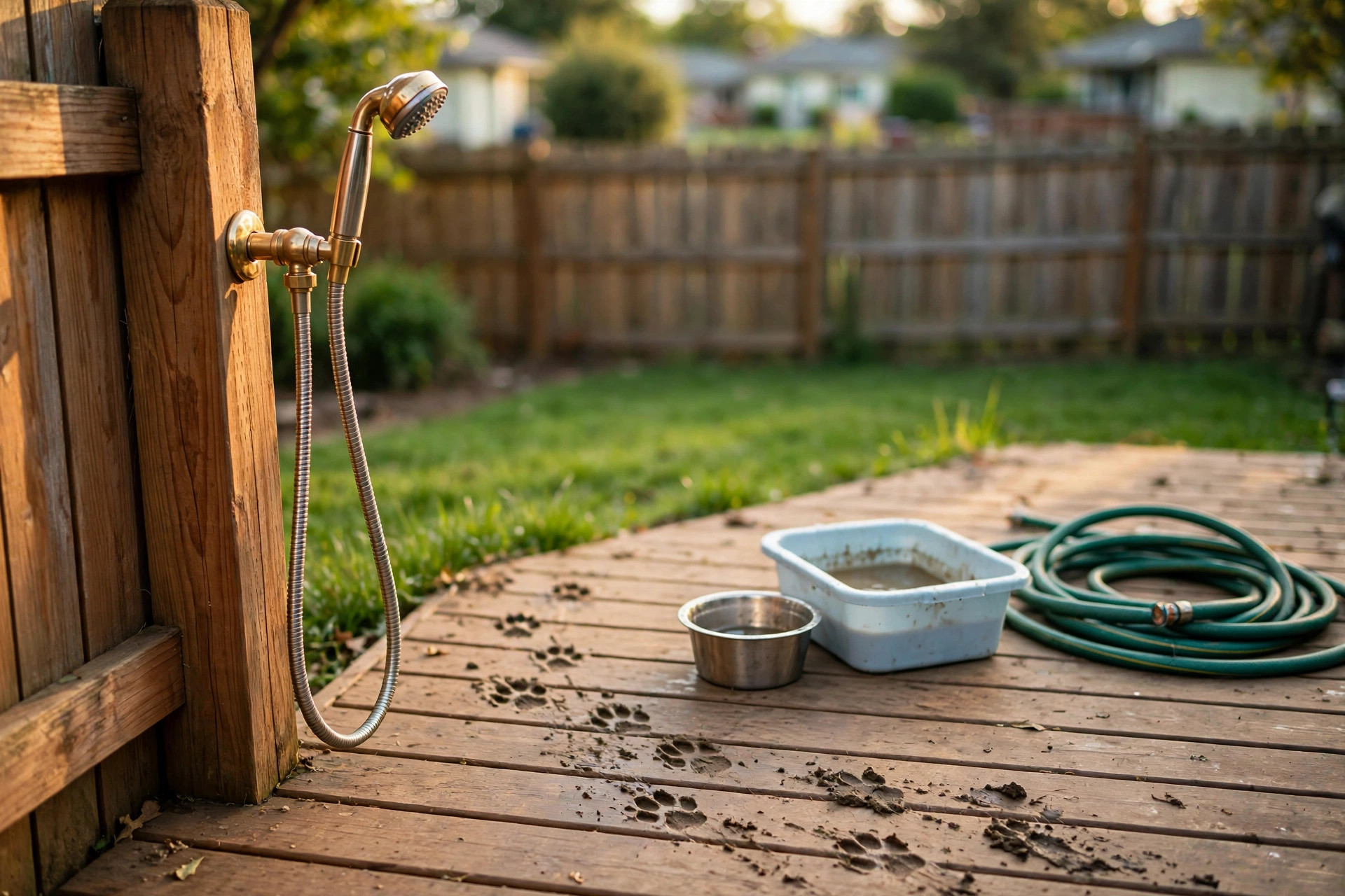 An outdoor dog shower for muddy paws cleaning set up in a backyard